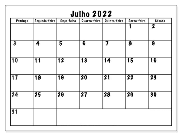 2022 Calendário Julho