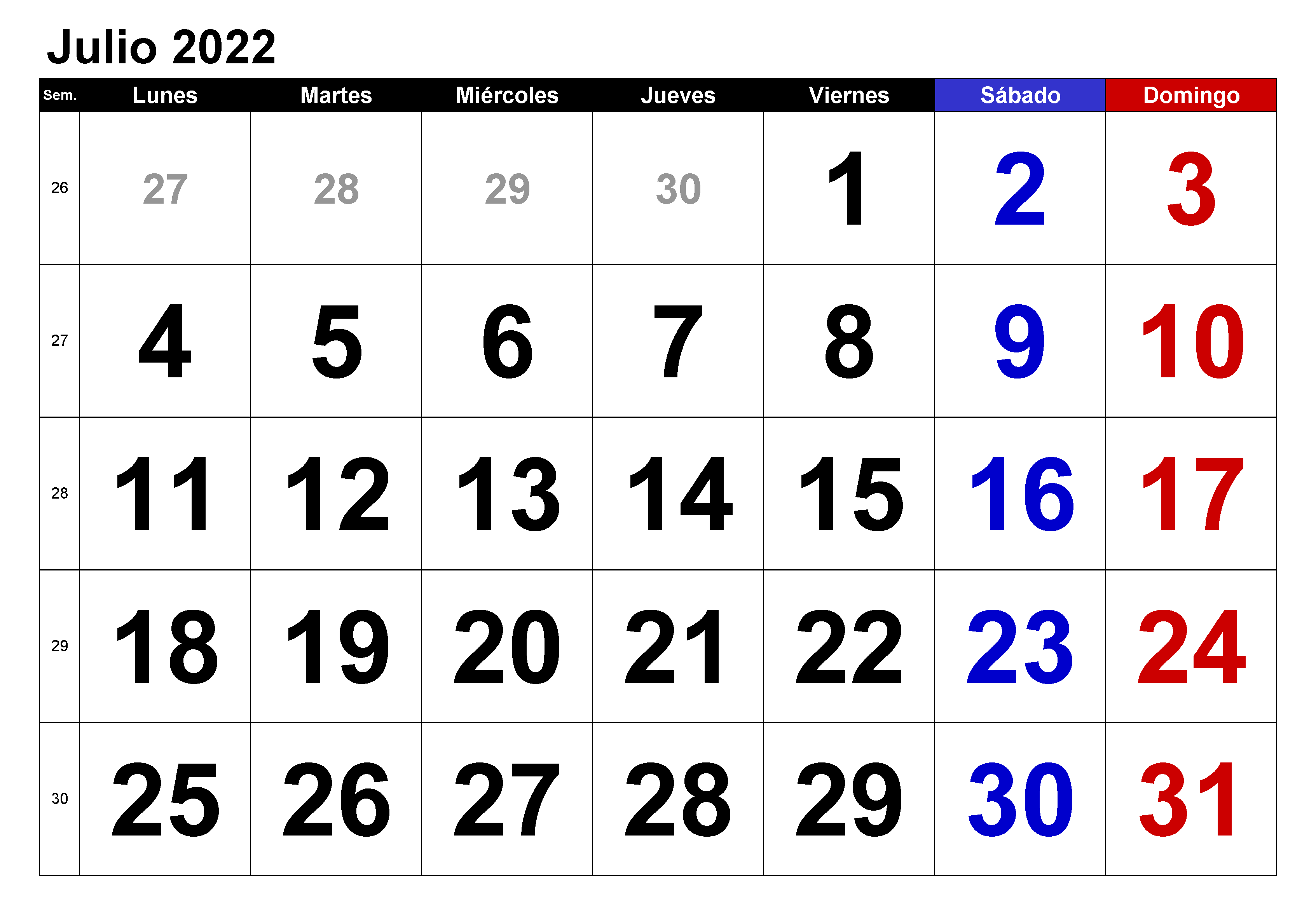 2022 Calendario Julio Con Festivos