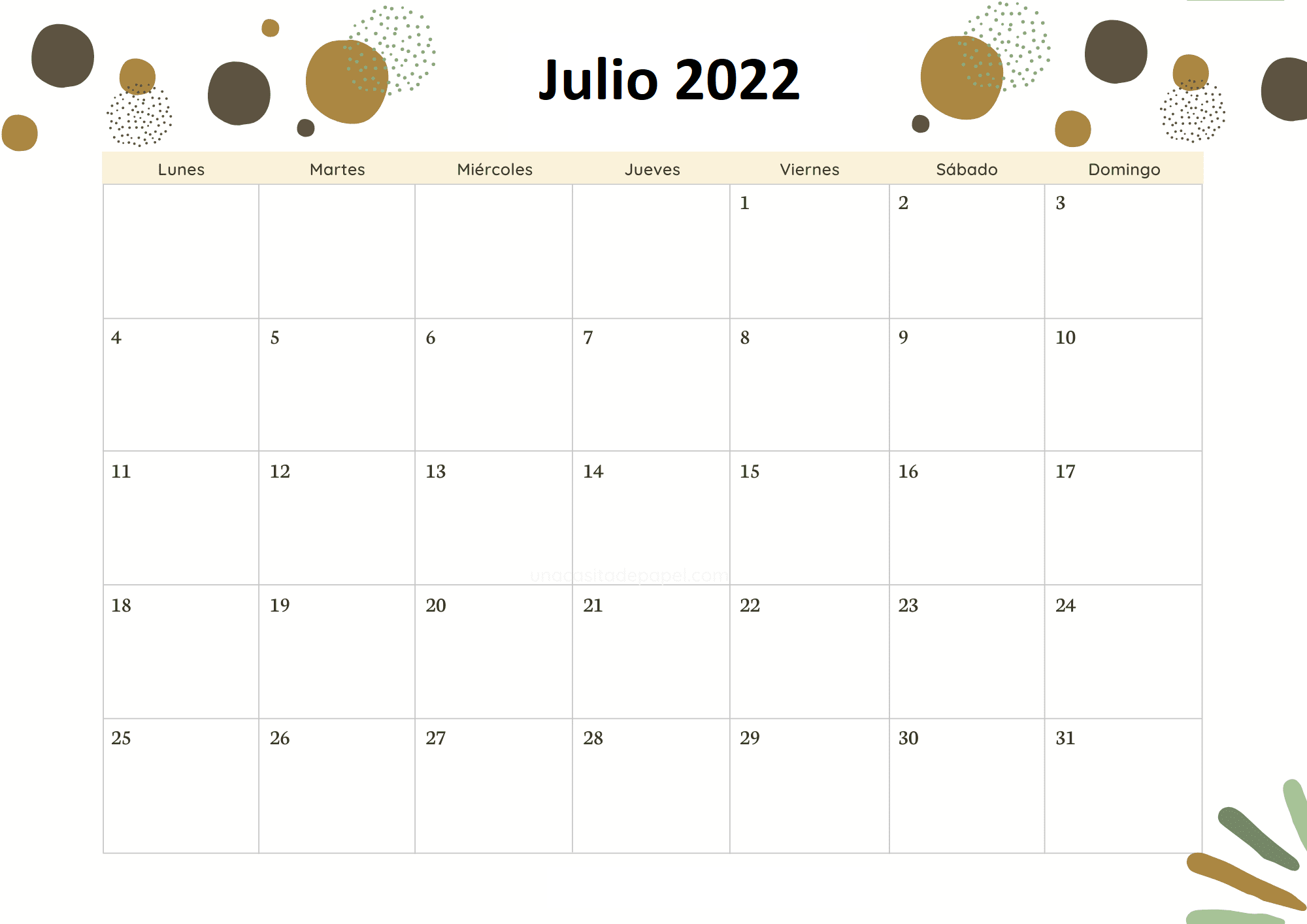2022 Calendario Julio