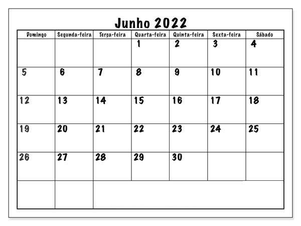 2022 Calendário Junho Para Imprimir