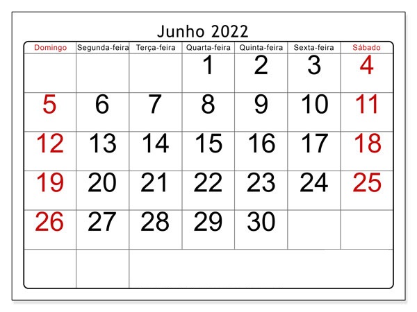 2022 Calendário Junho