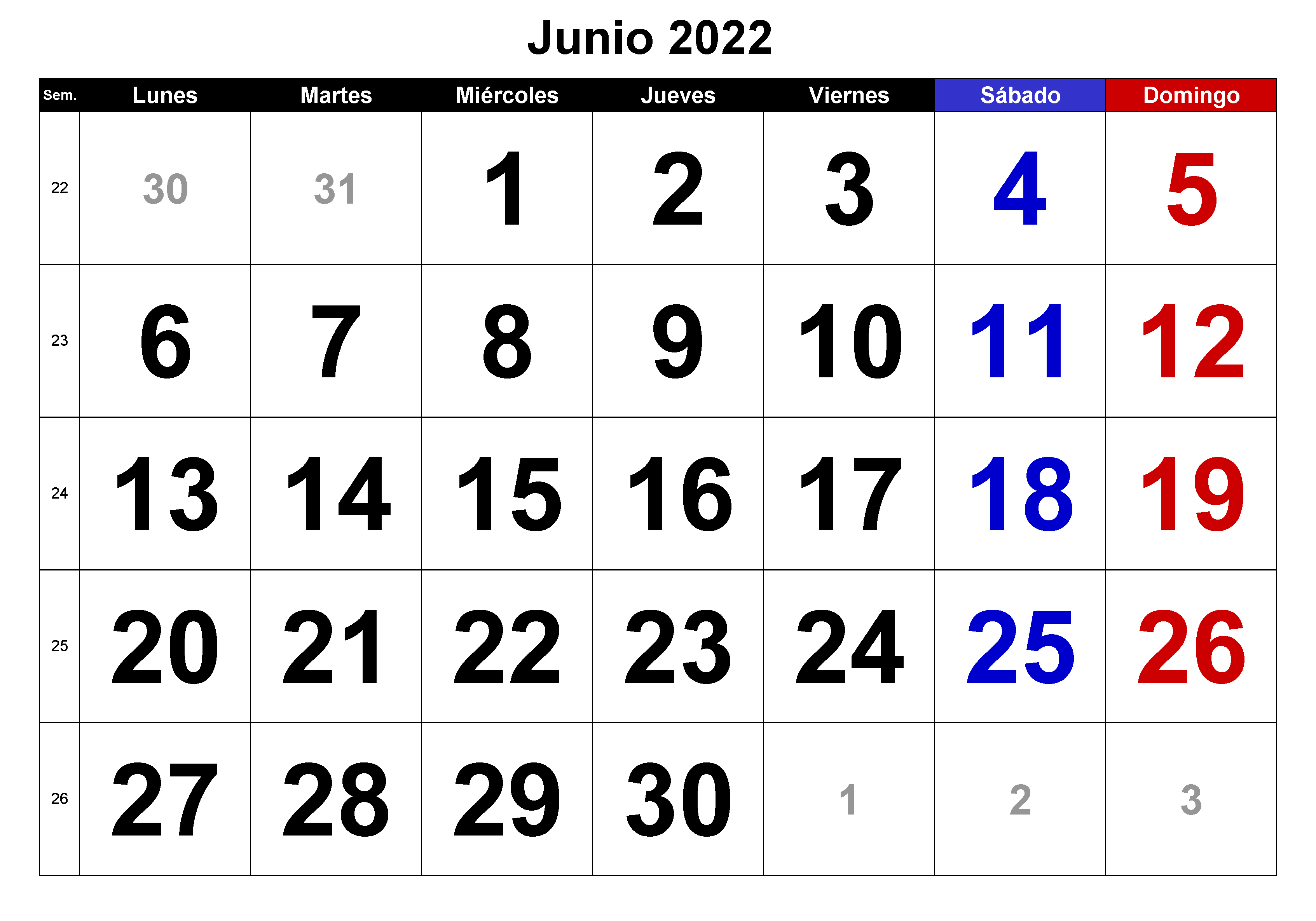 2022 Calendario Junio Con Festivos