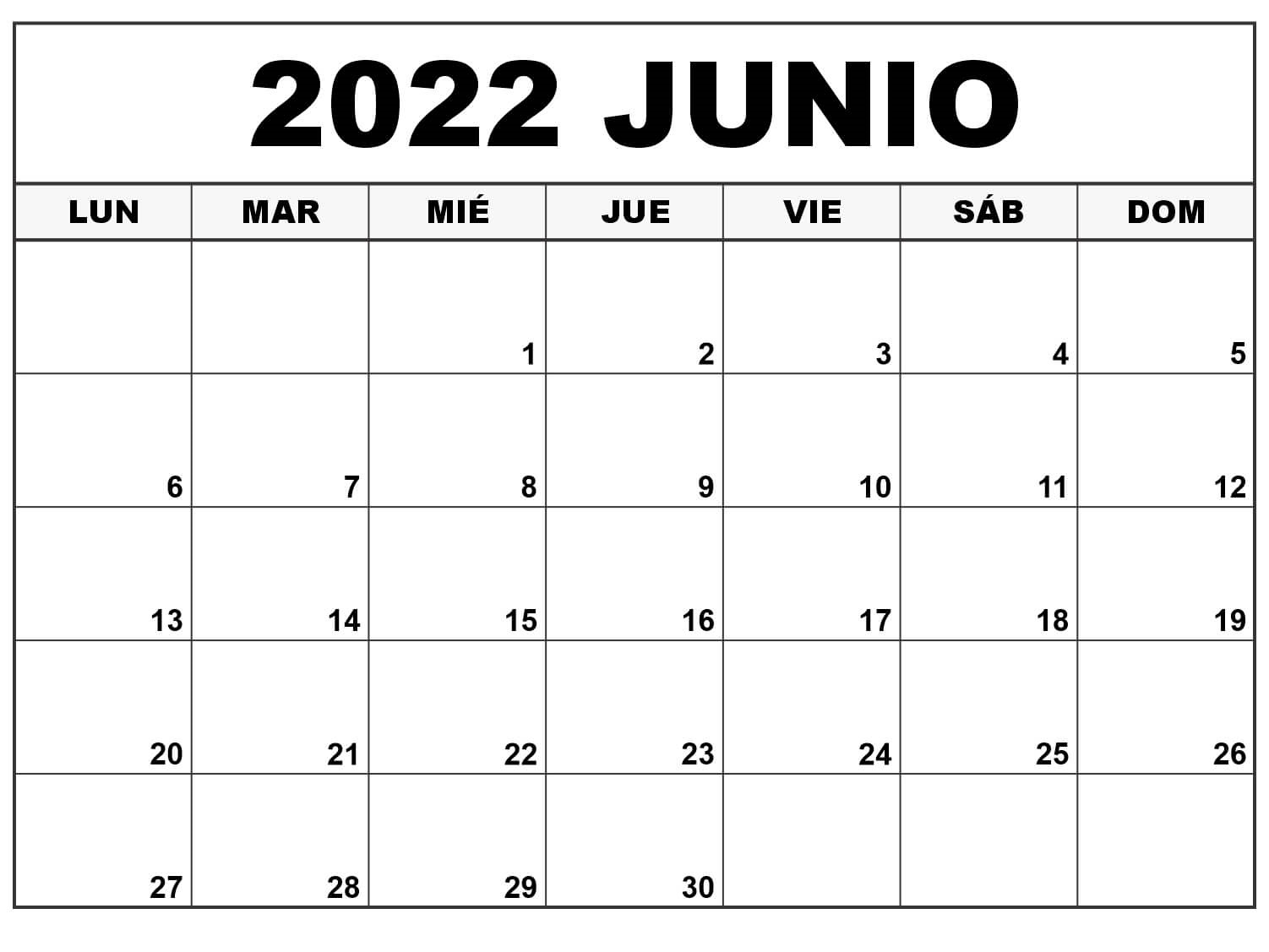 2022 Calendario Junio Para Imprimir