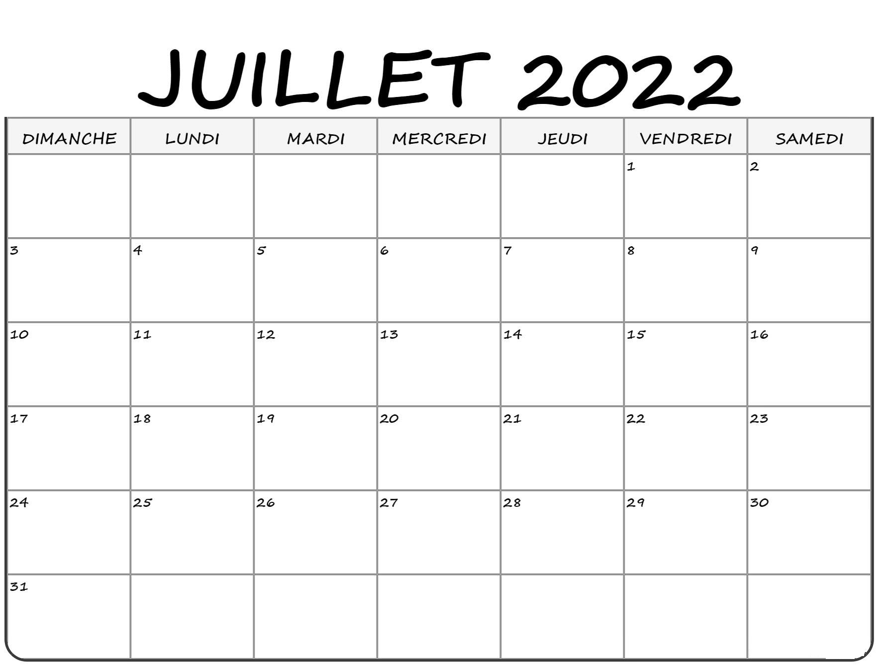 Calendrier 2022 Juillet 