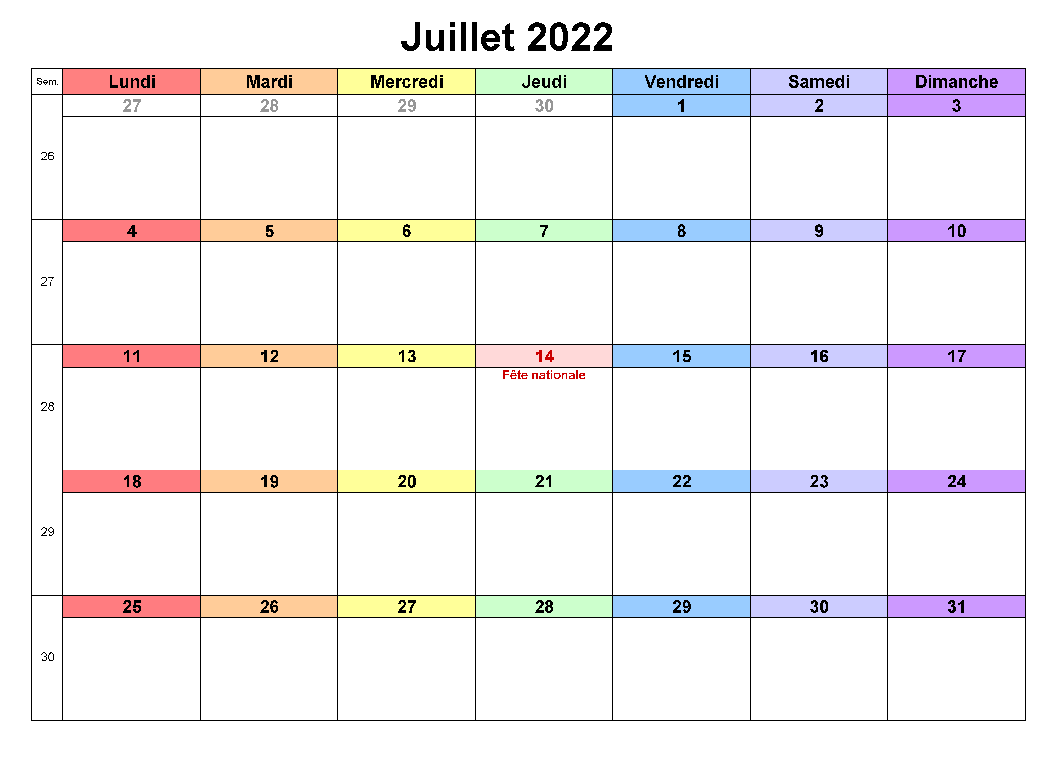 2022 Calendrier Juillet PDF