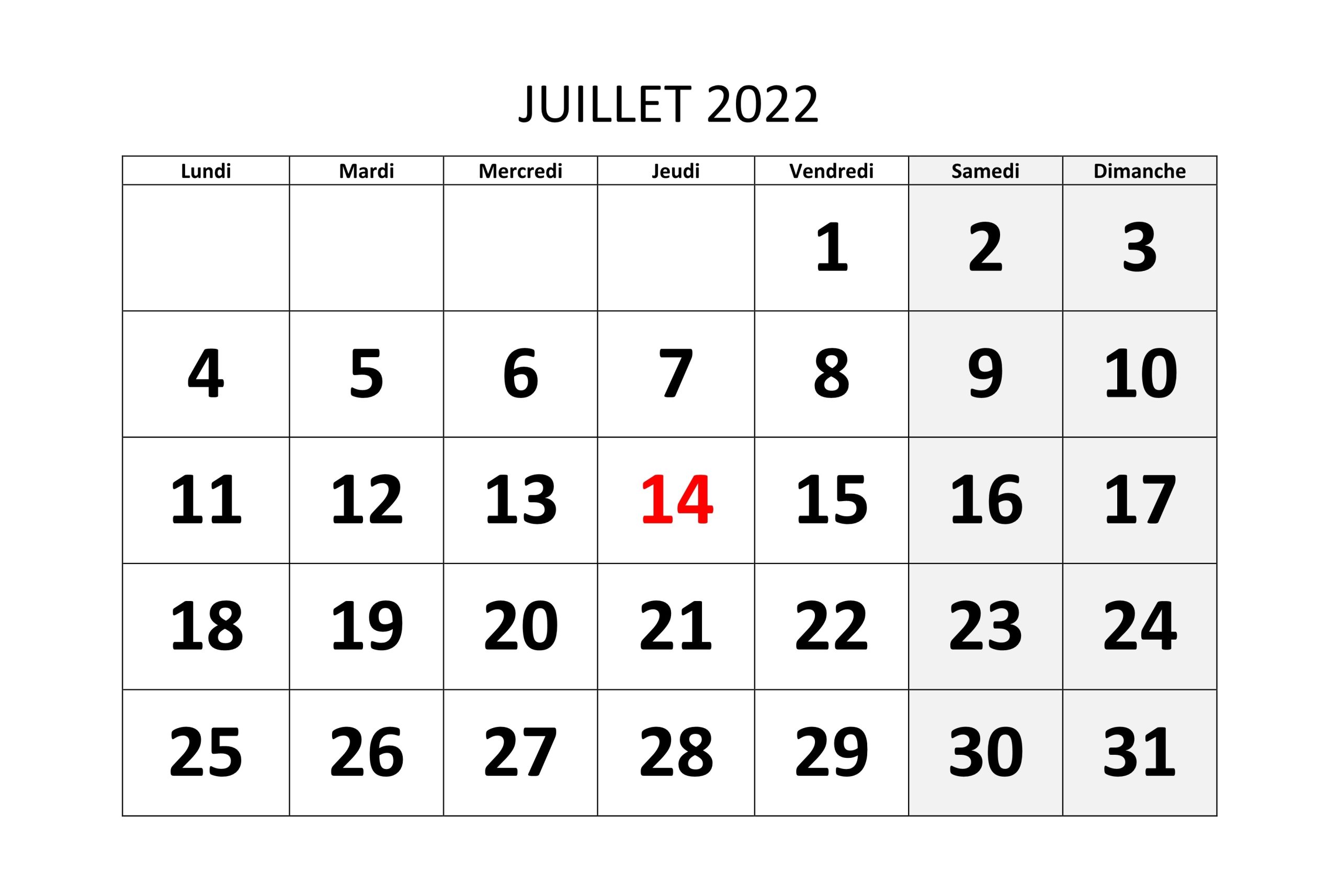 2022 Calendrier Juillet