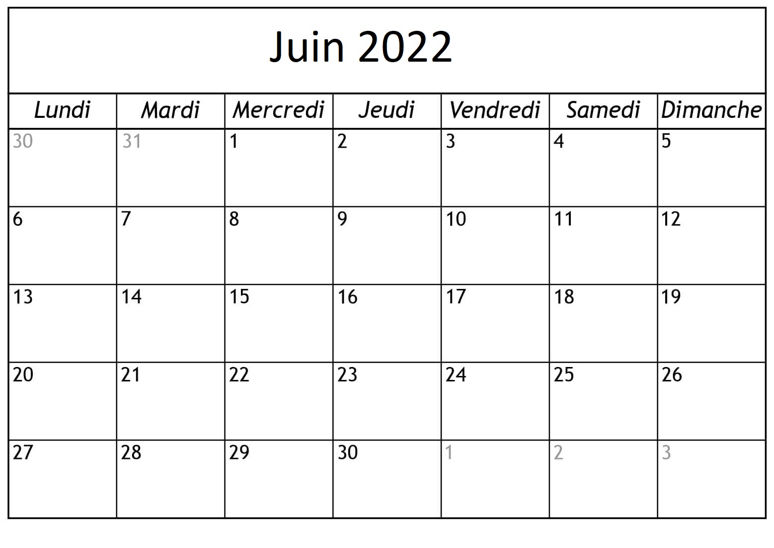 2022 Calendrier Juin À Imprimer