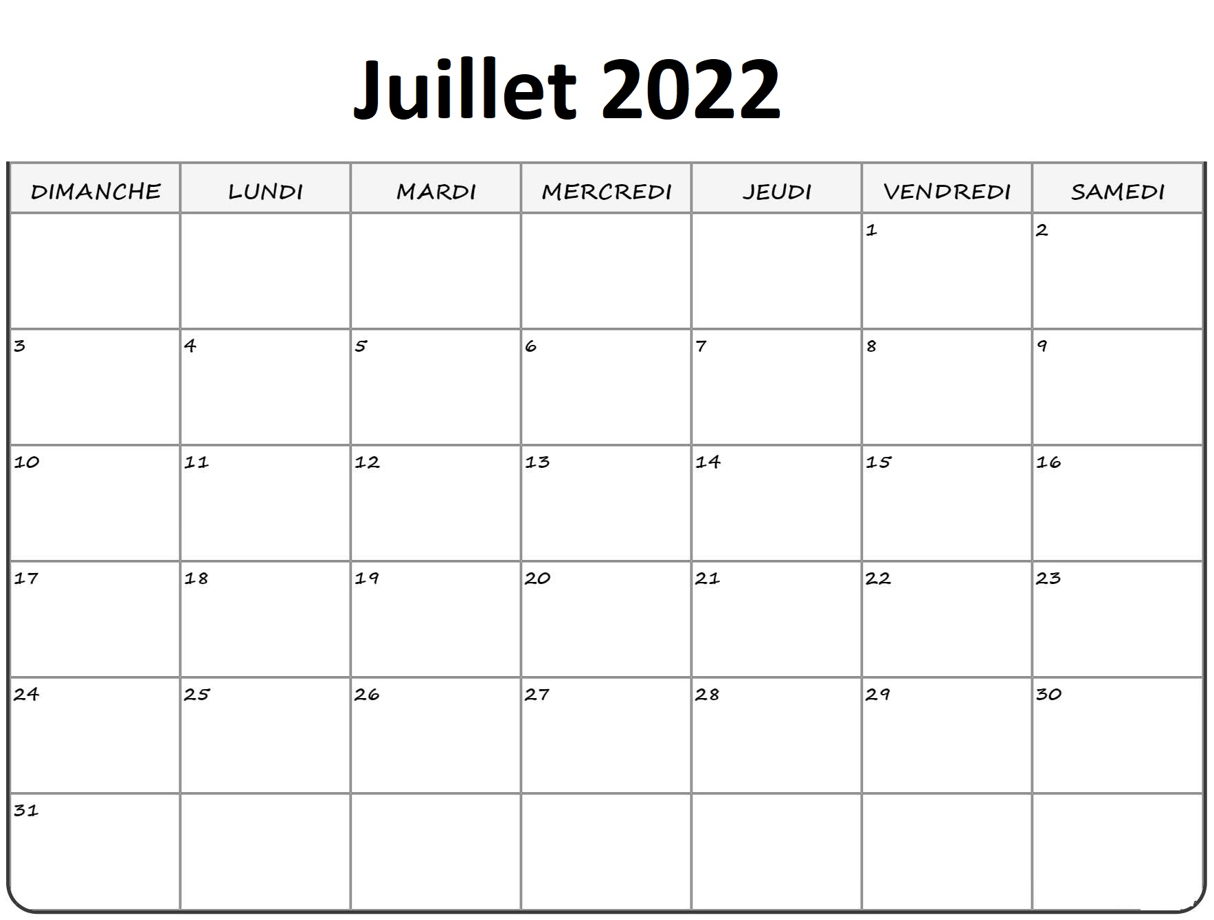 2022 Juillet Calendrier