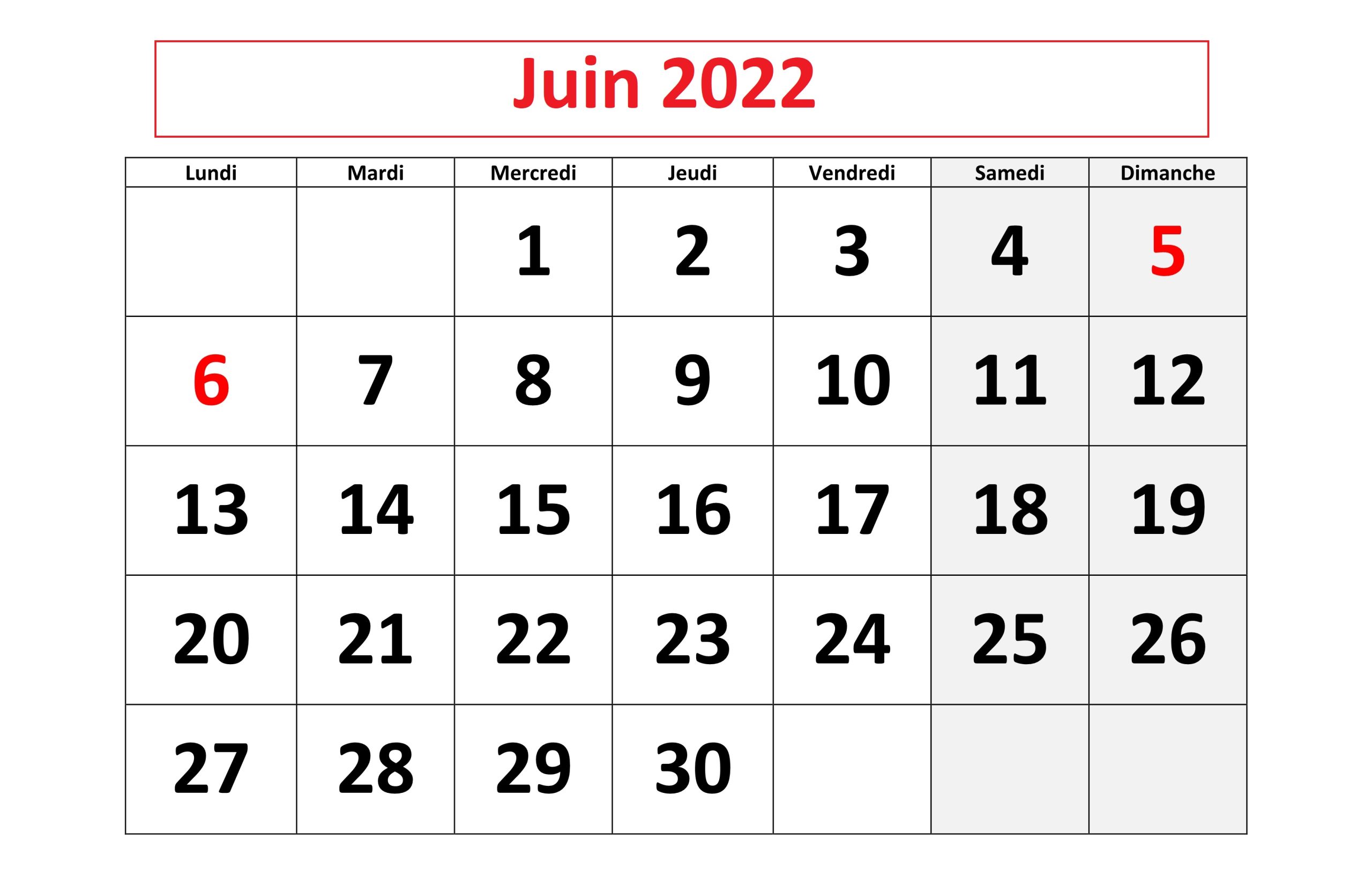 2022 Juin Calendrier
