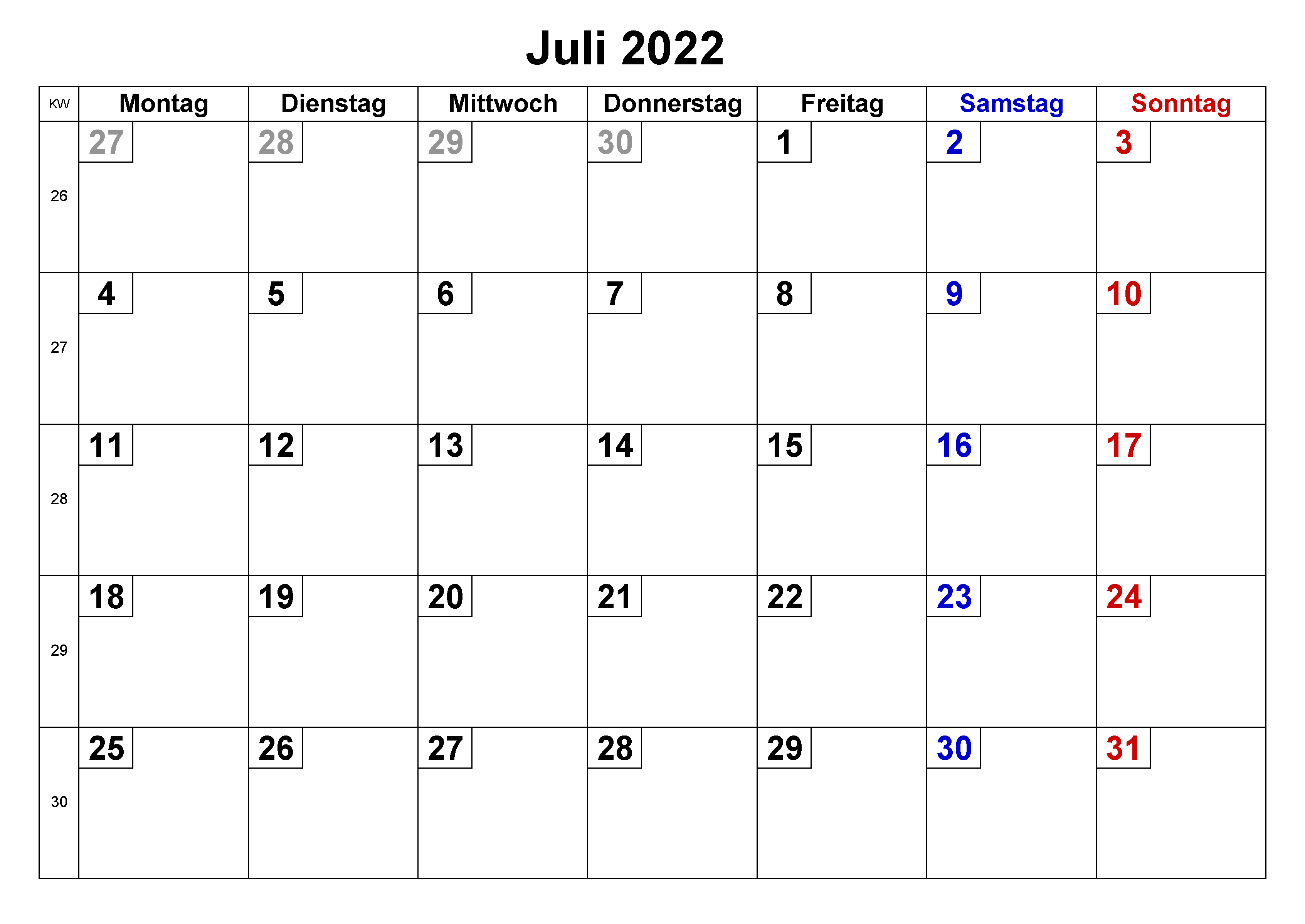 2022 Kalender Juli Zum Ausdrucken
