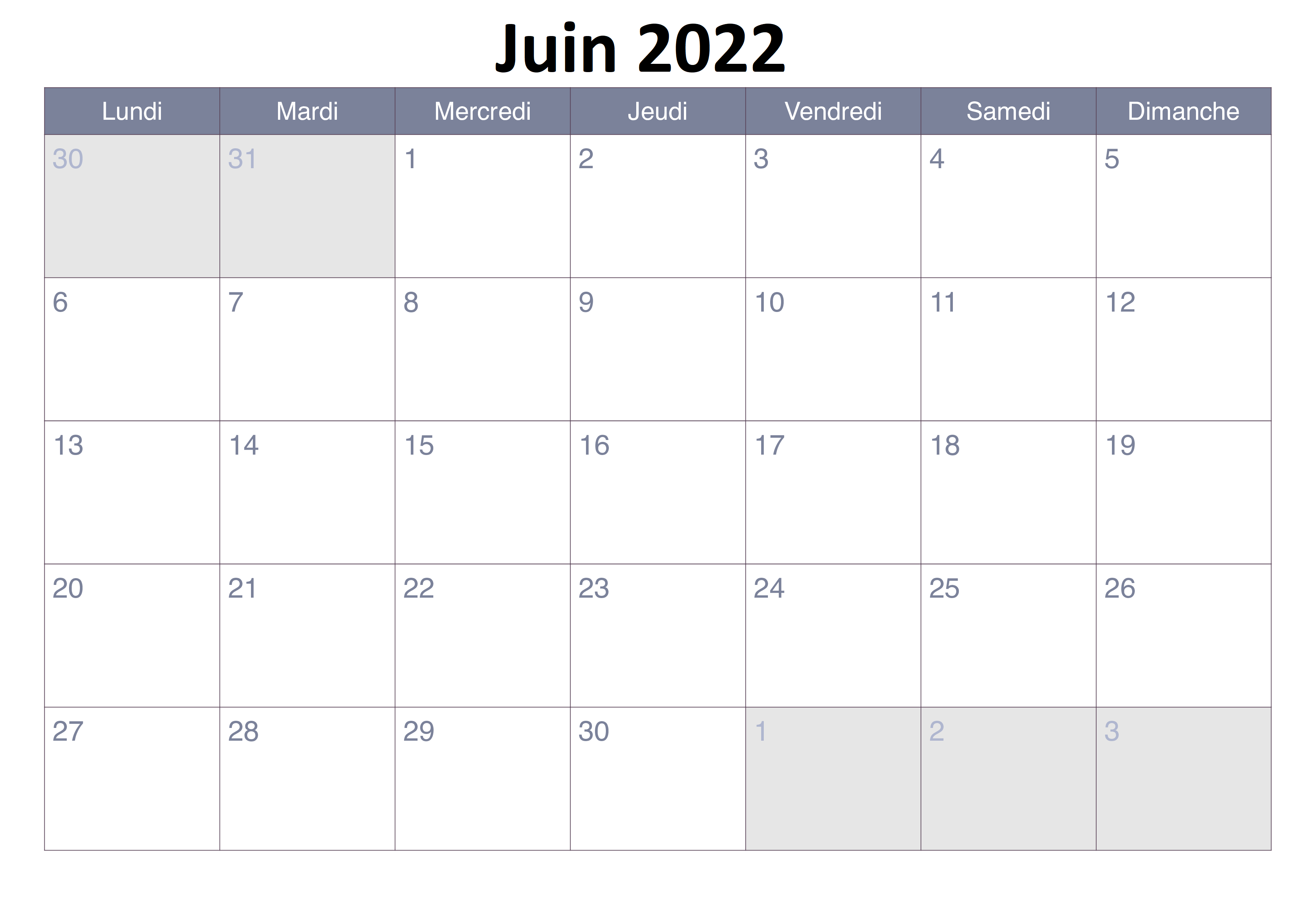 Blanc Juin Calendrier 2022