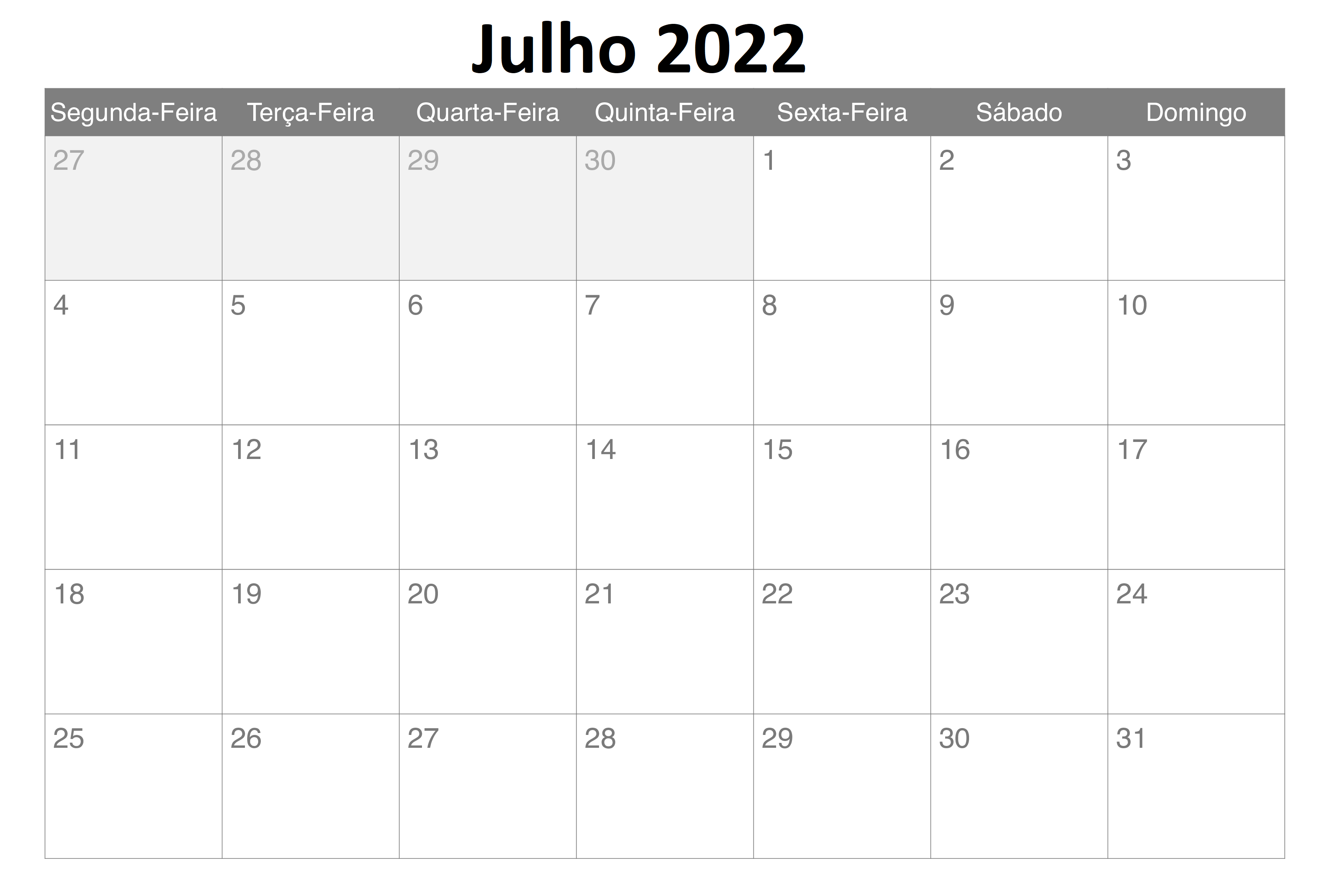 Calendário 2022 Julho Imprimir