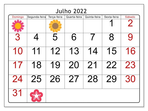 Calendário 2022 Julho Notas