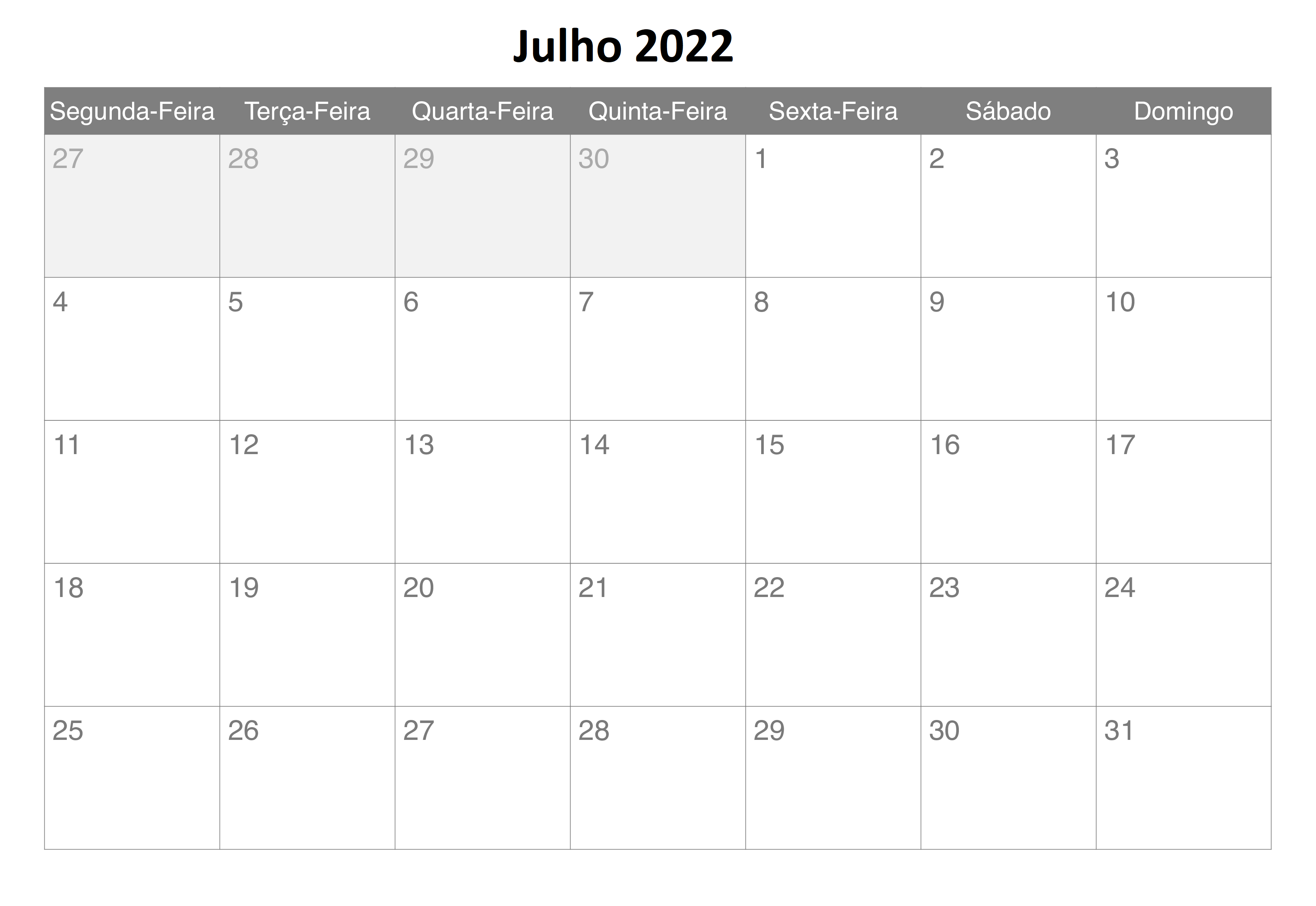 Calendário 2022 Julho