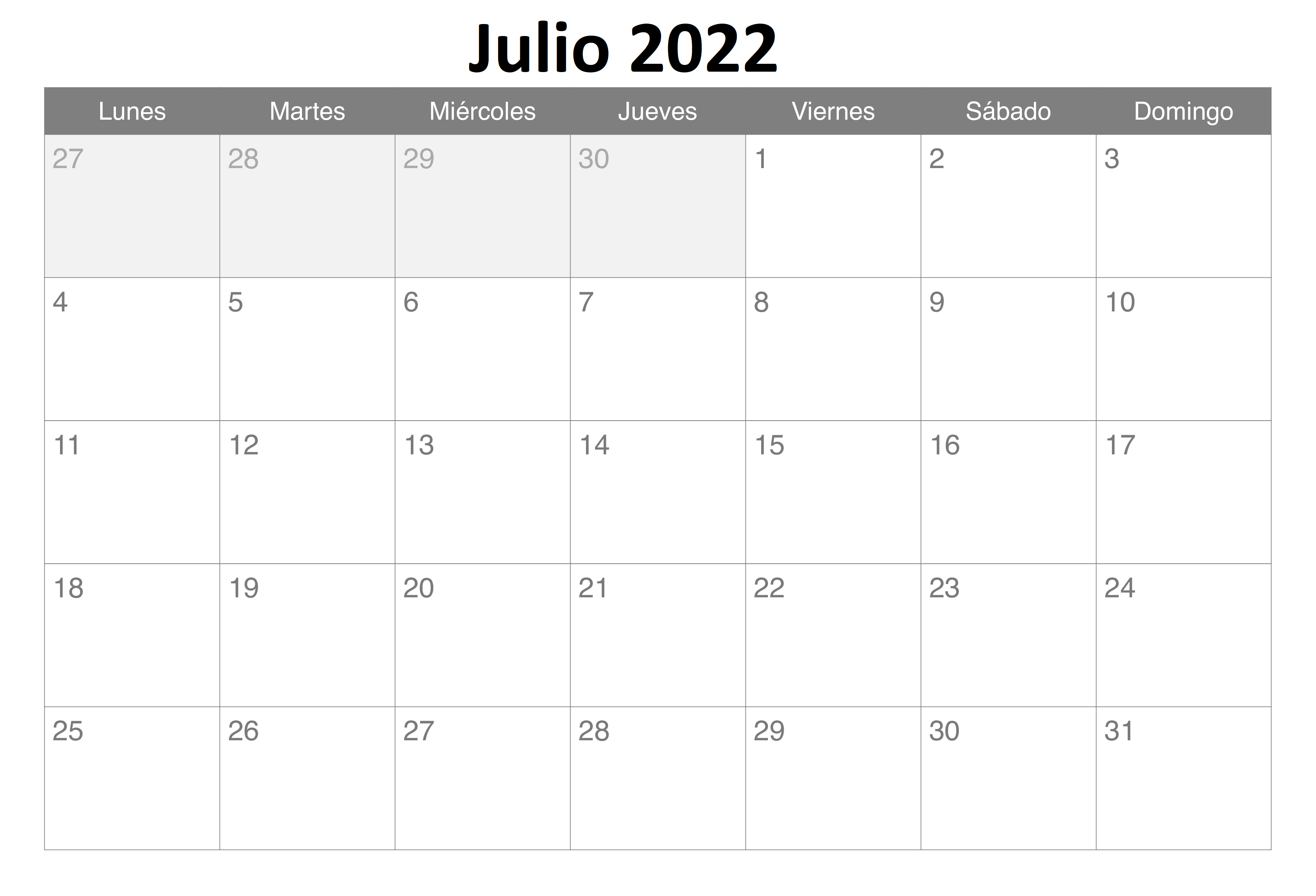 Calendario 2022 Julio