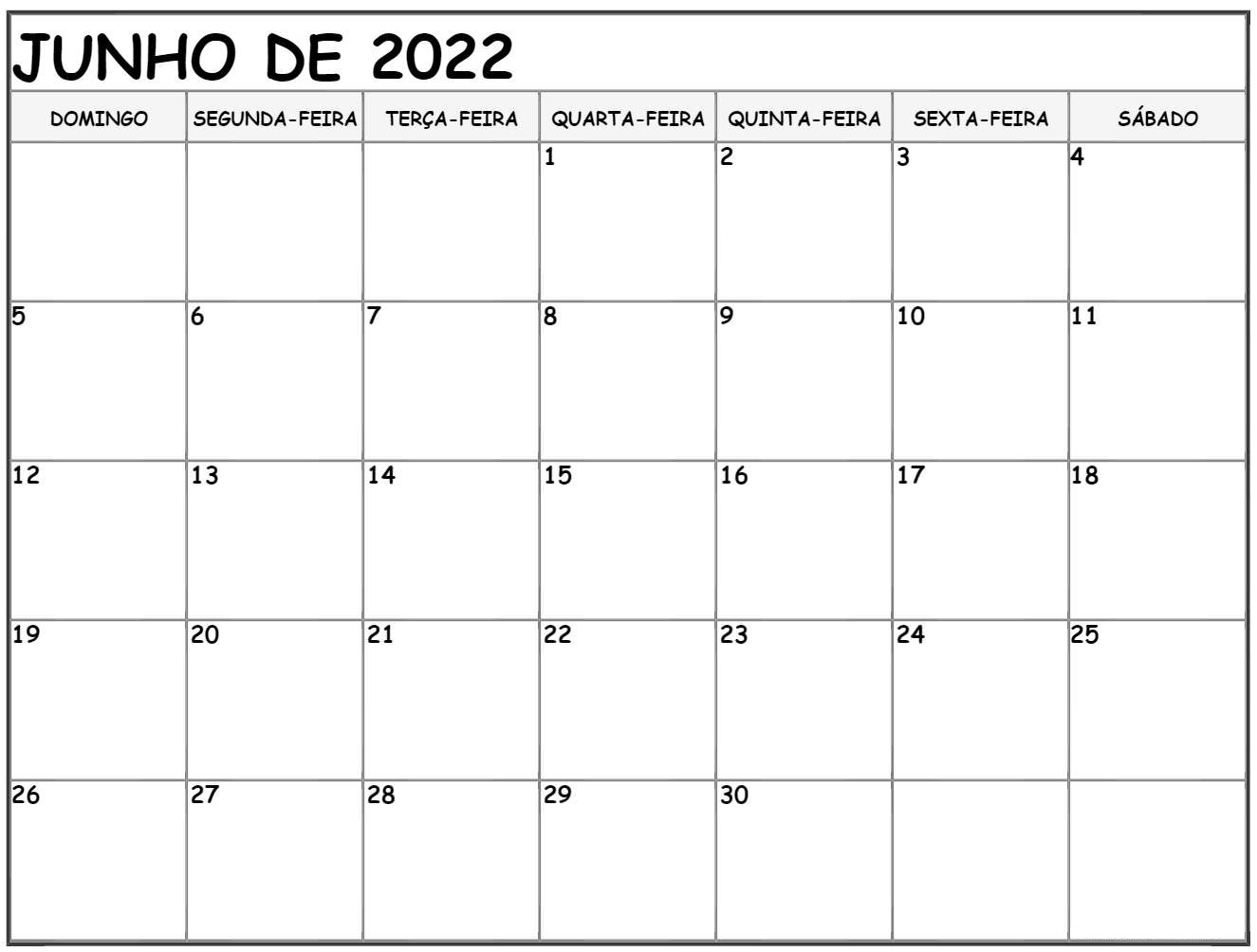 Calendário 2022 Junho Mesa