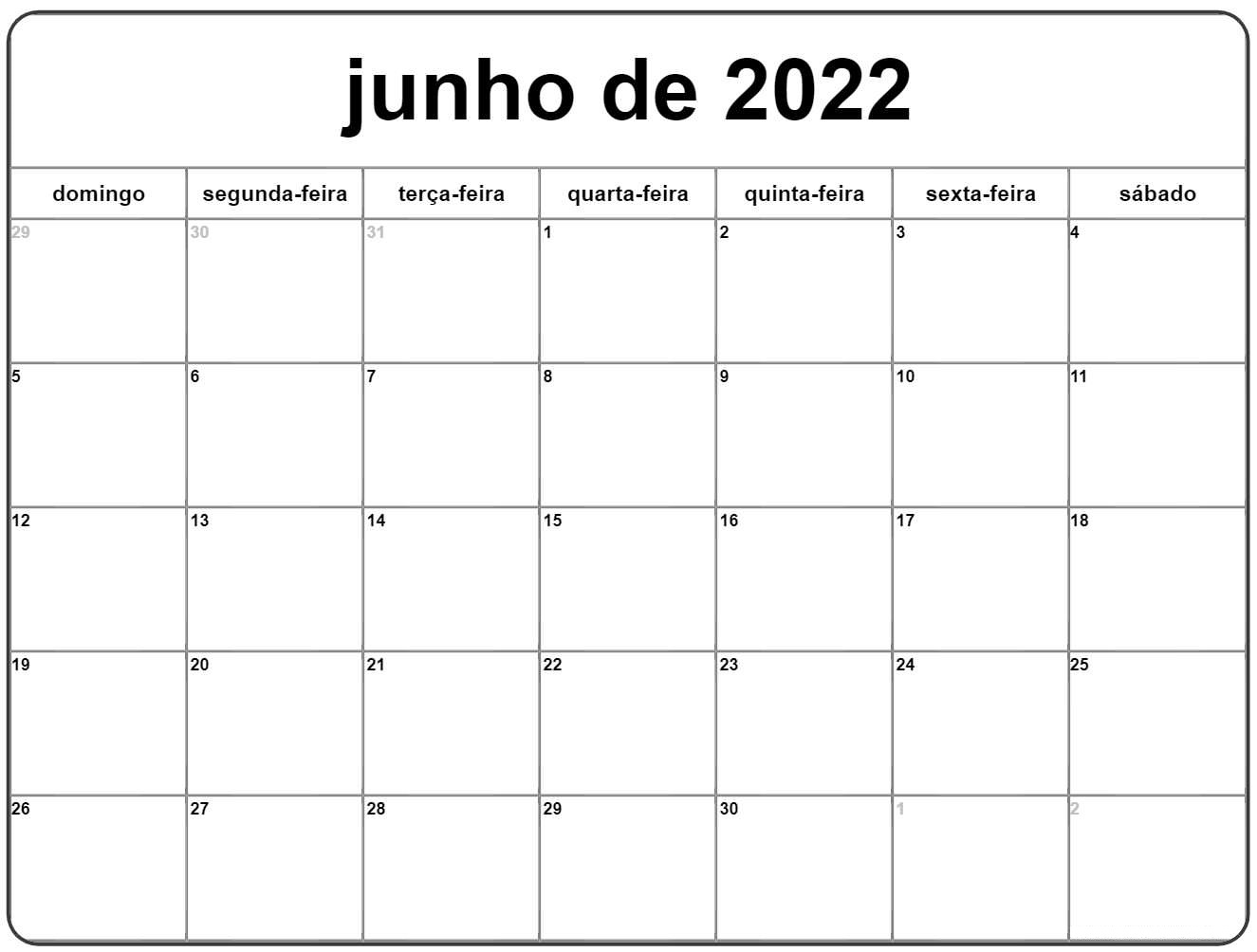 Calendário 2022 Junho Notas
