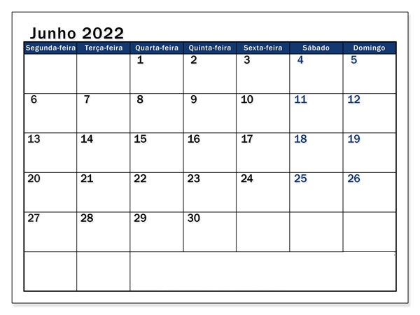 Calendário 2022 Junho Para Imprimir