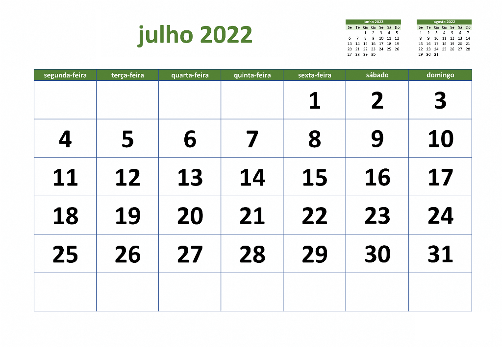 Calendário Julho 2020 Para Imprimir Documento