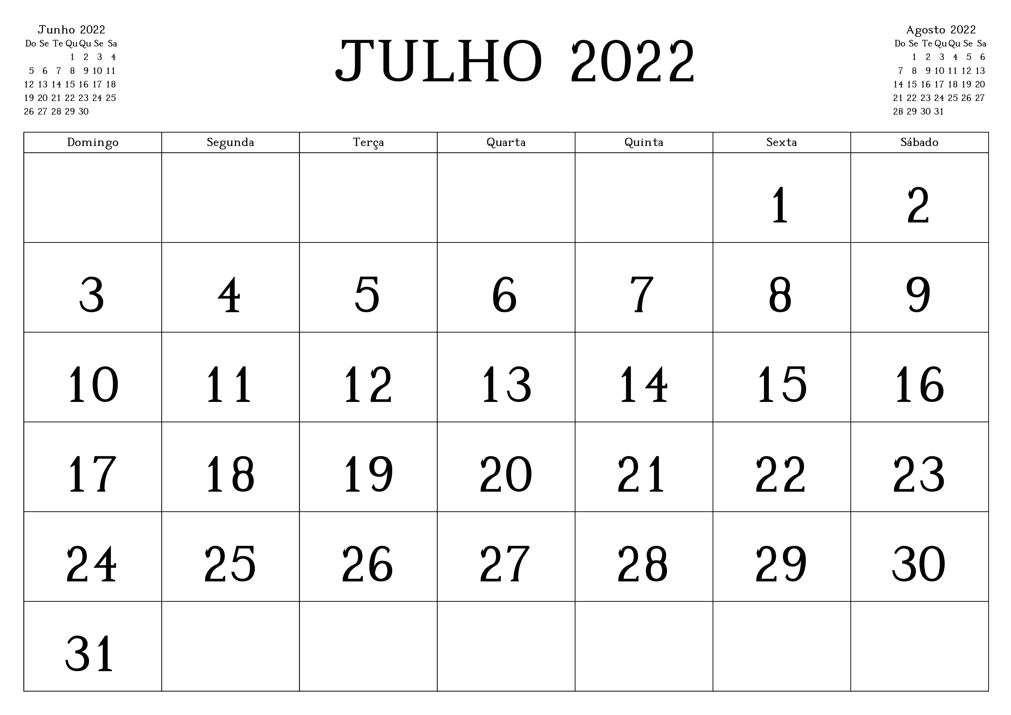 Calendário Julho 2020 Para Imprimir