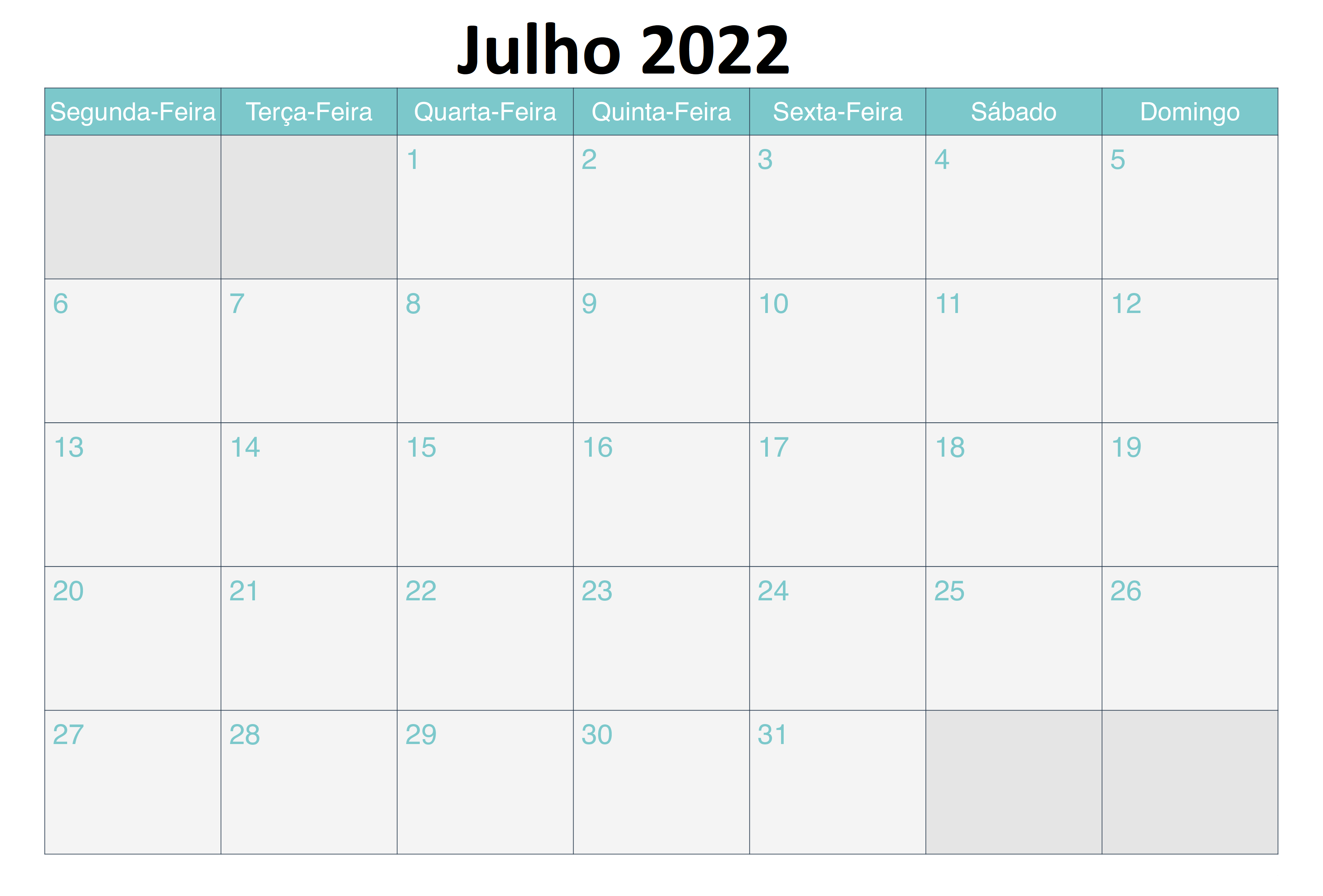 Calendário Julho 2022 Imprimir PDF