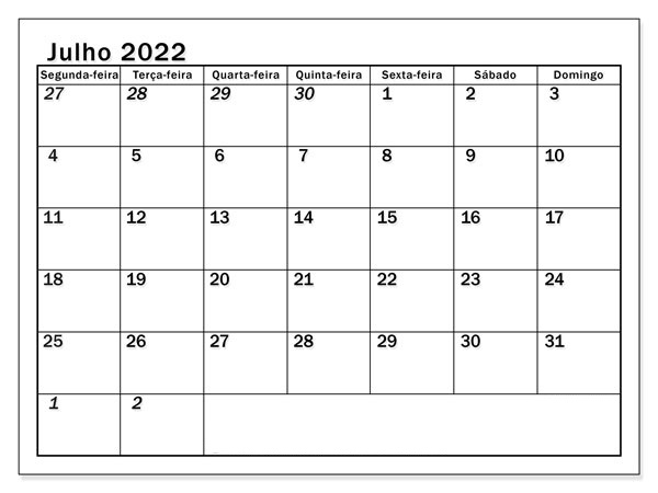 Calendário Julho 2022 Imprimir