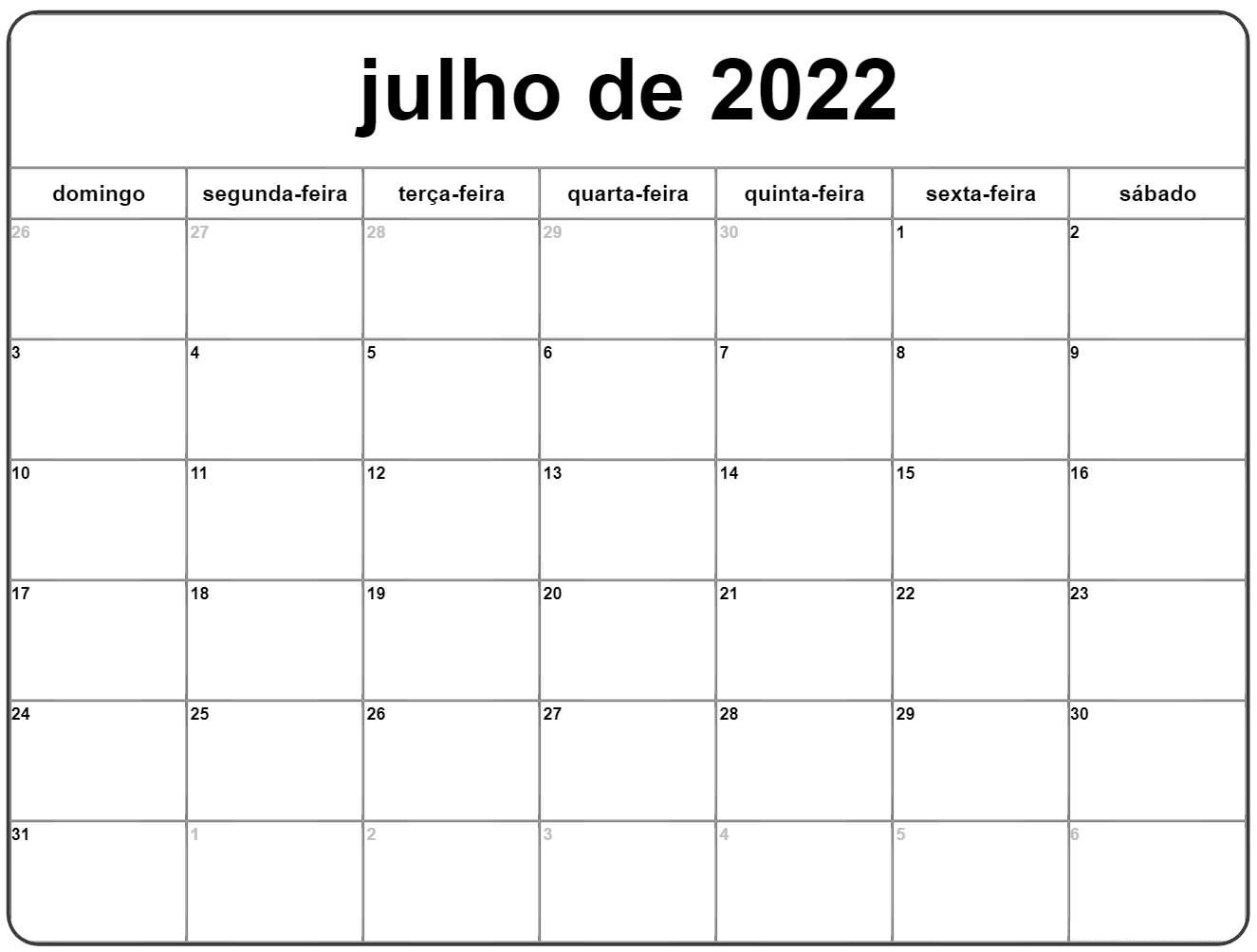 Calendário Julho 2022 Para Imprimir