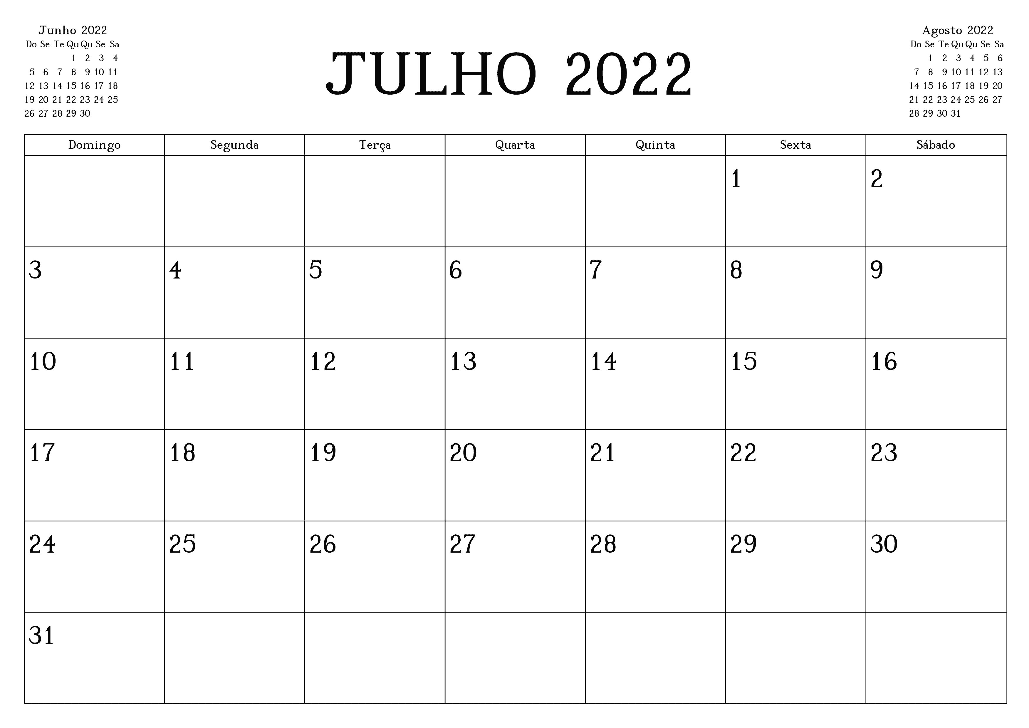 Calendário Julho 2022