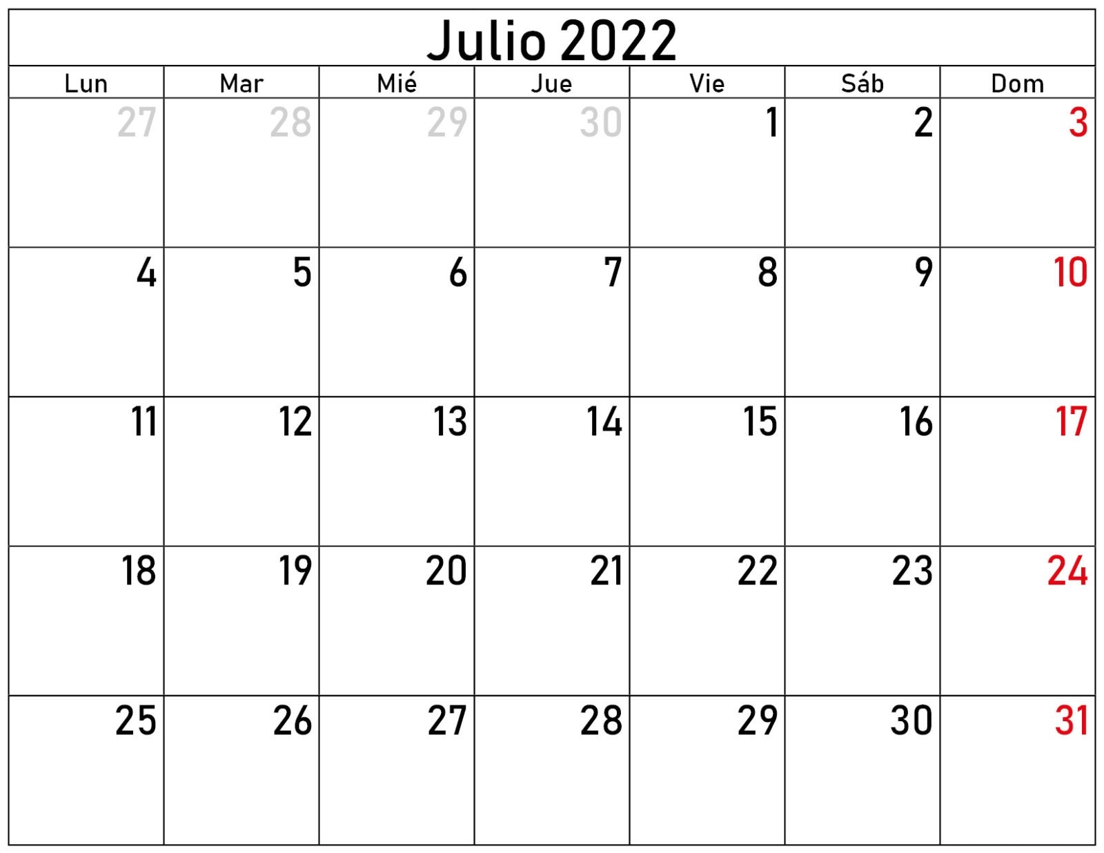 Calendario Julio 2022 Con Festivos