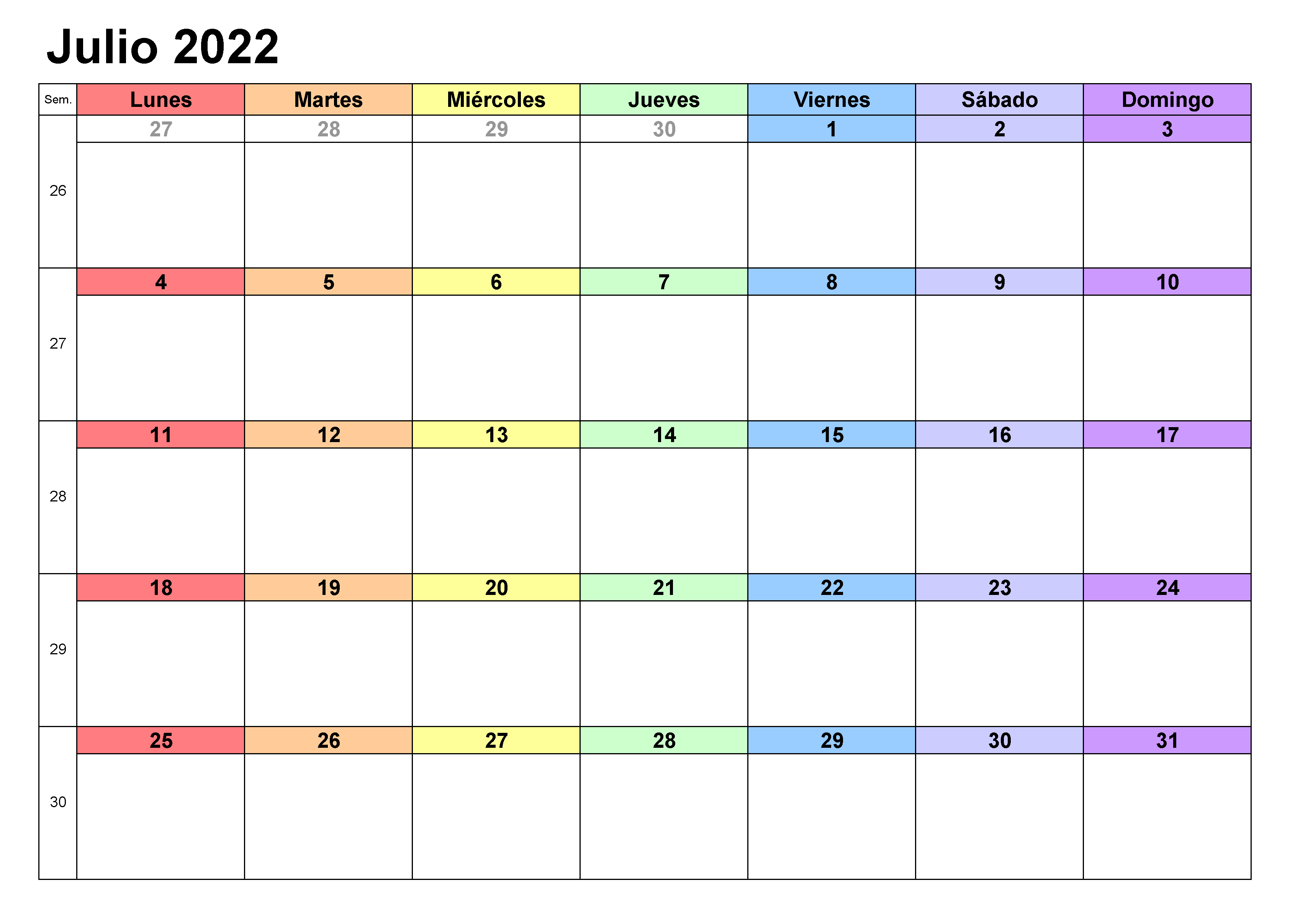 Calendario Julio 2022 Con Festivos Mensual