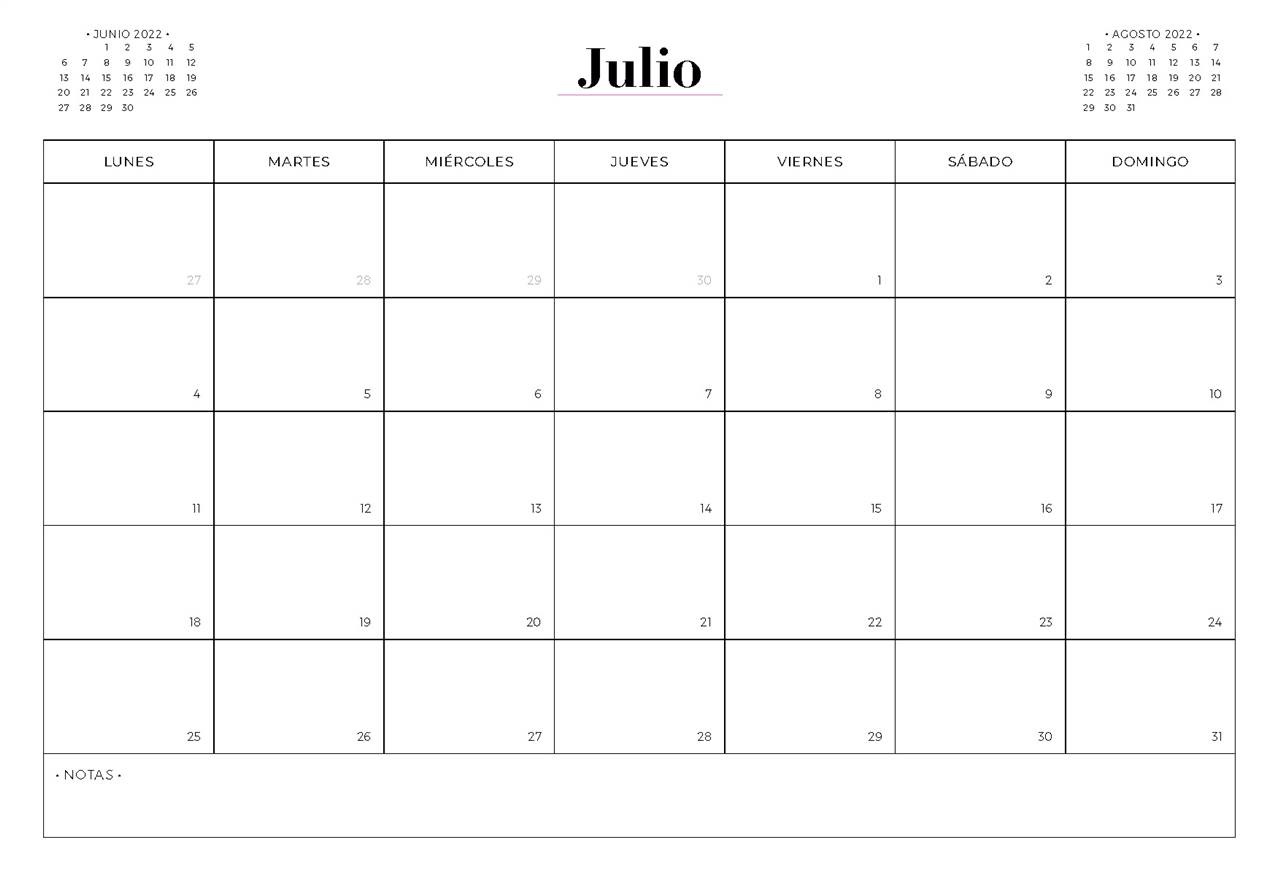 Calendario Julio 2022 Para Imprimir