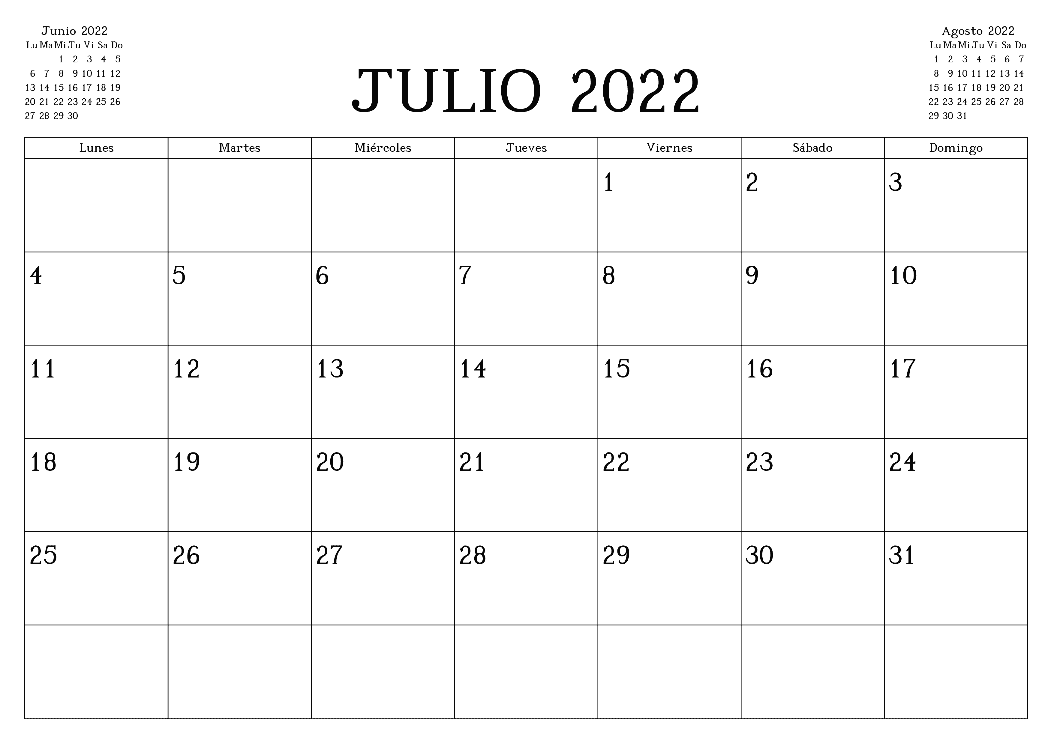 Calendario Julio 2022 Para Imprimir PDF