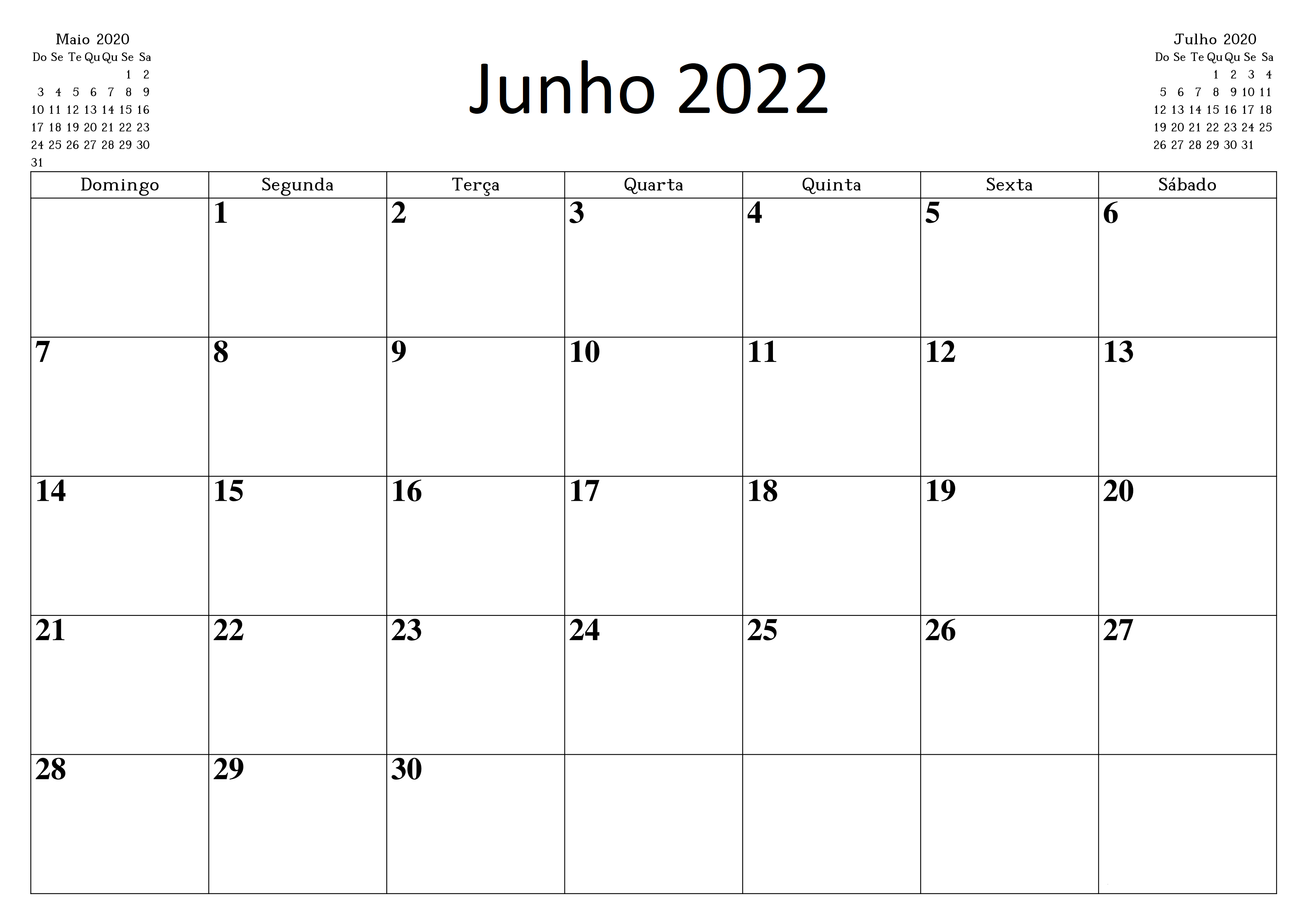 Calendário Junho 2022 Imprimir PDF