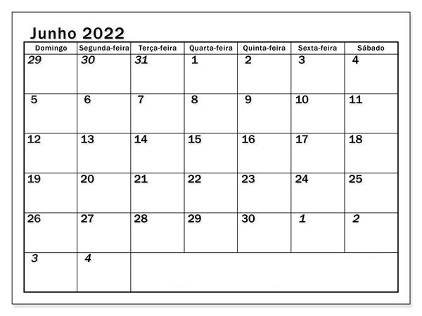 Calendário Junho Para Imprimir 2022