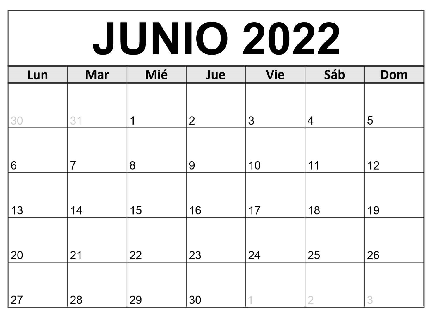Calendario Junio 2022 Con Festivos Mensual