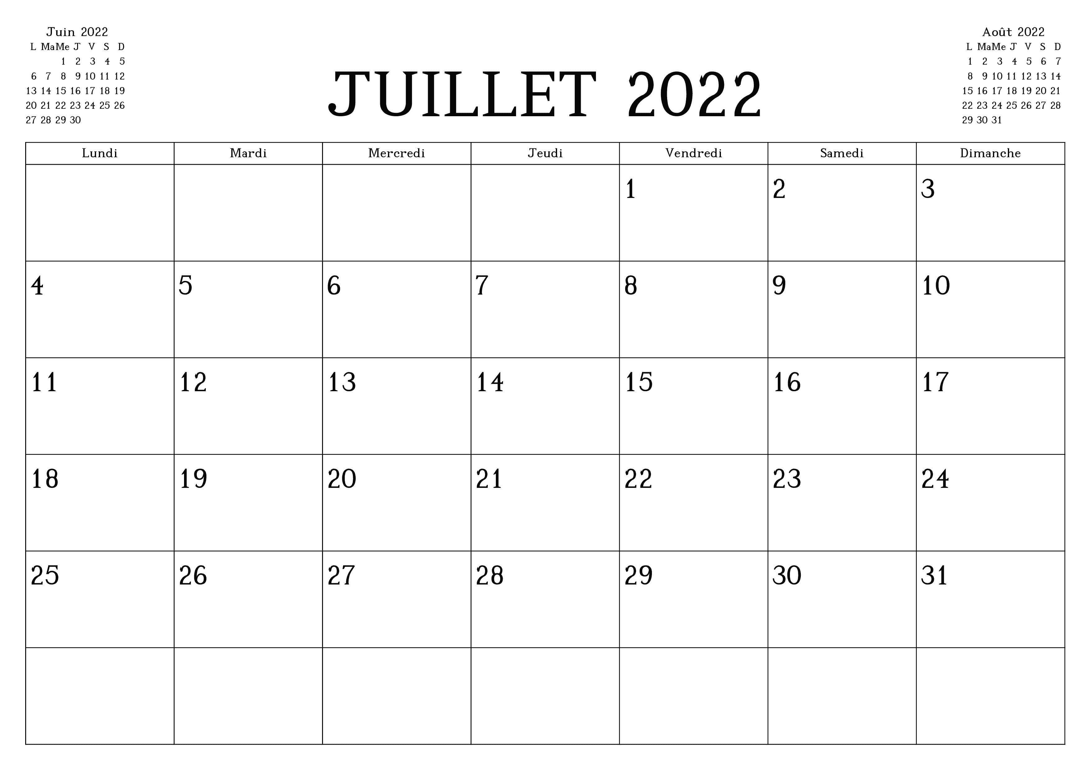 Calendrier 2022 Juillet