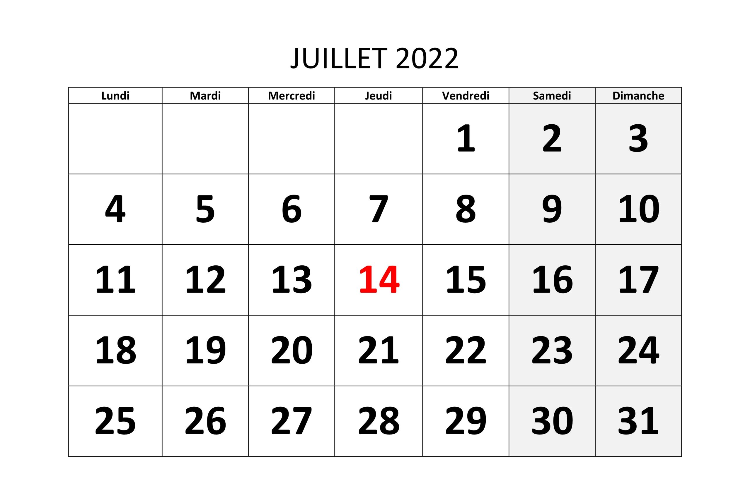 Calendrier 2022 Juillet PDF