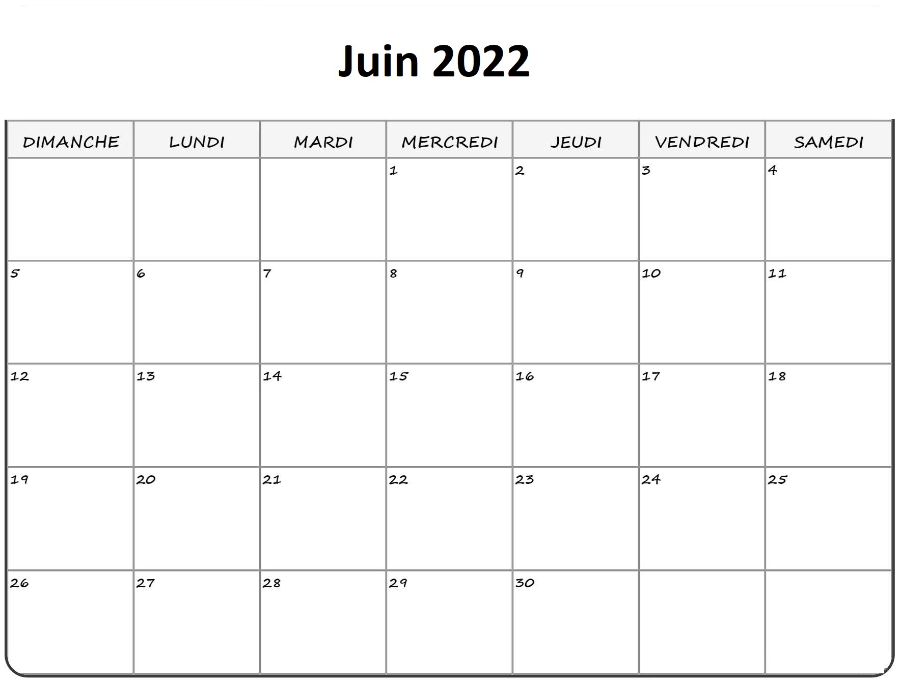 Calendrier 2022 Juin