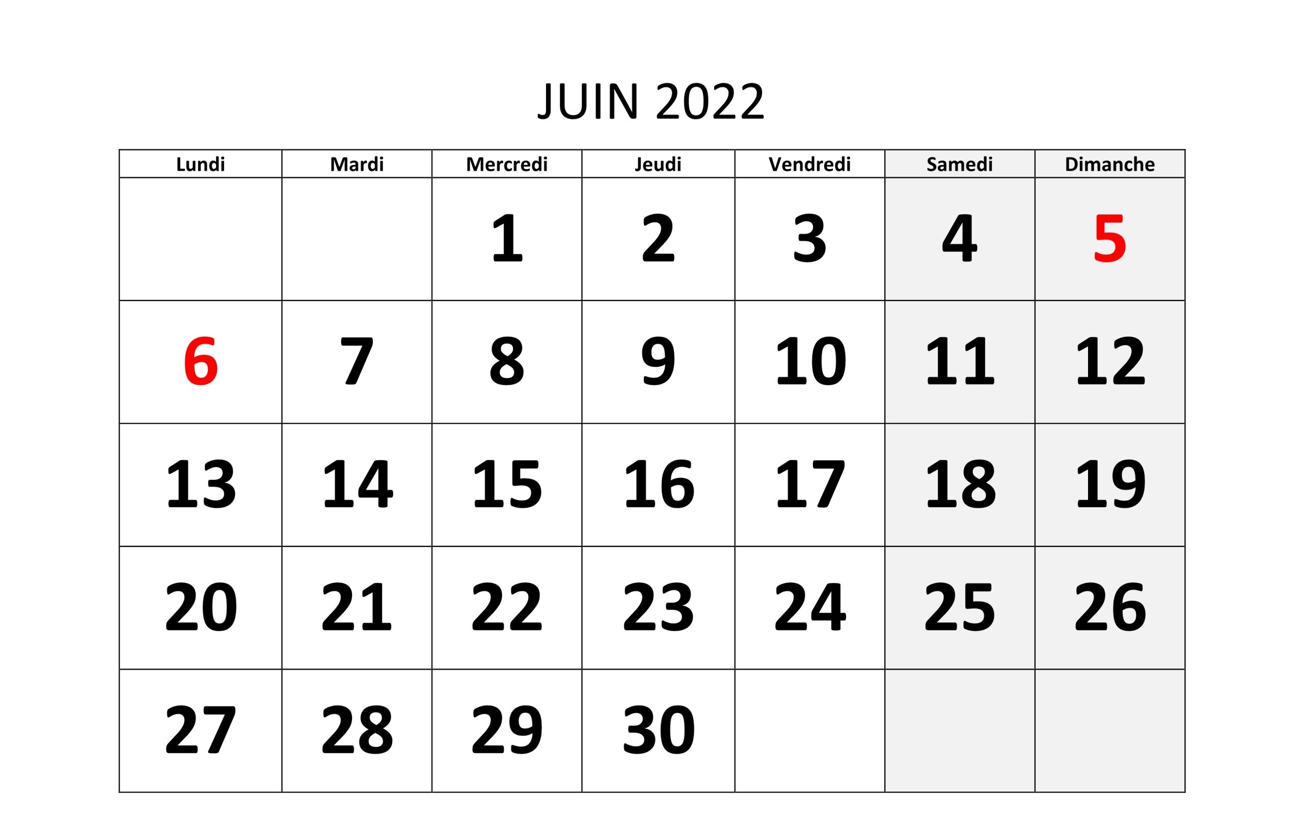 Calendrier 2022 Juin Imprimable
