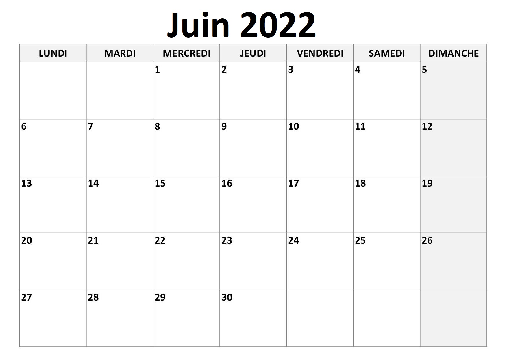 Calendrier 2022 Juin Vacances