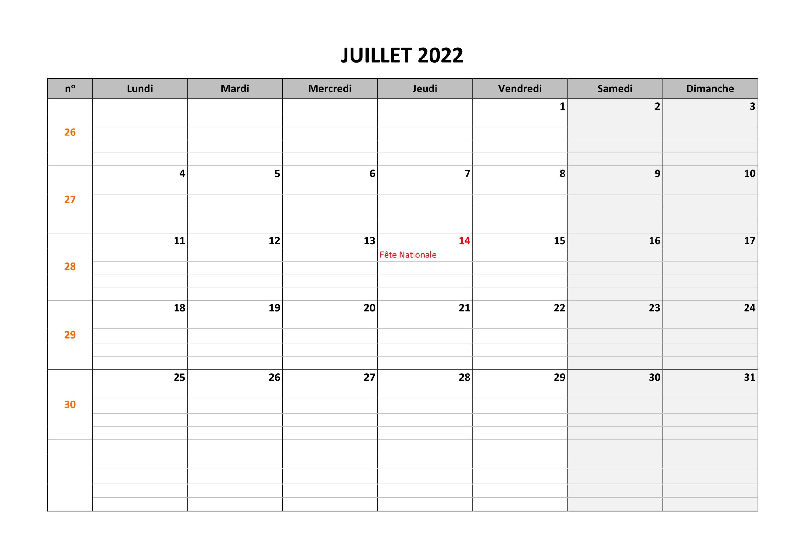 Calendrier Juillet 2022 À Imprimer Excel