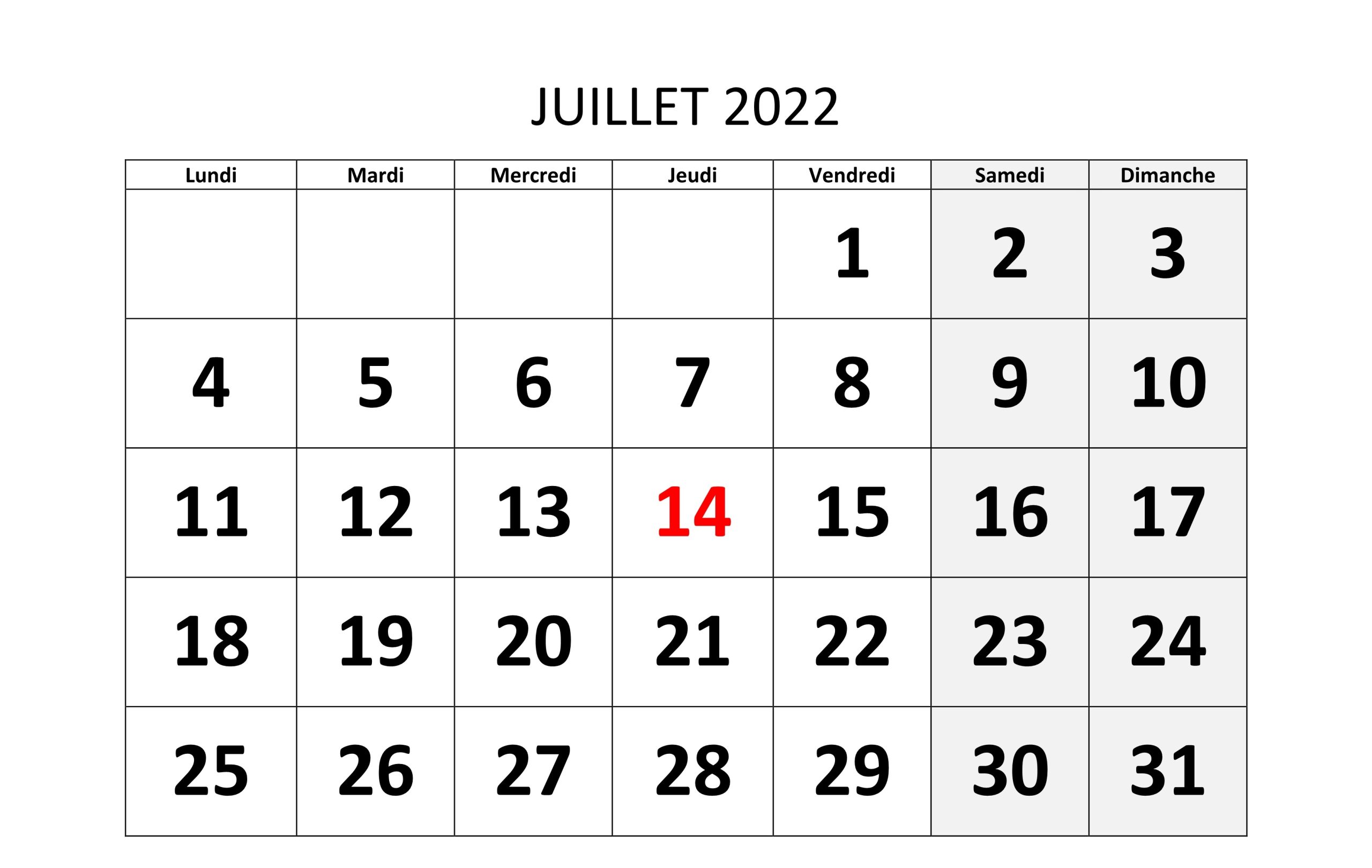 Calendrier Juillet 2022 À Imprimer Word