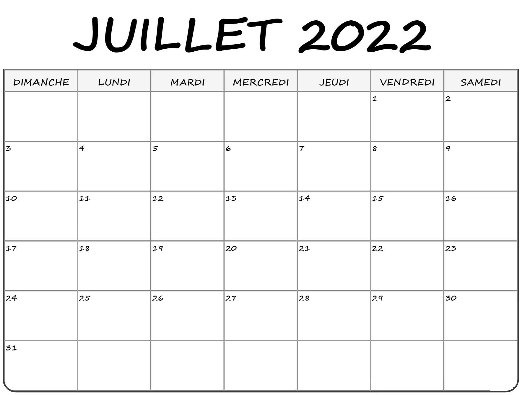Calendrier Juillet 2022 PDF