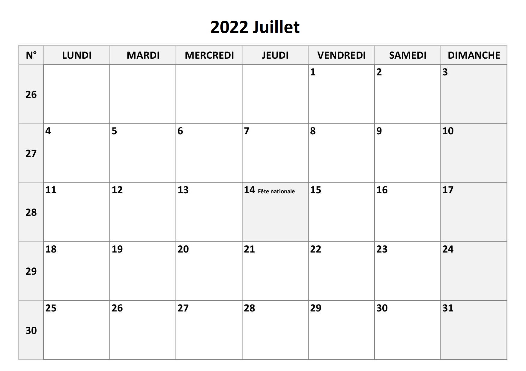 Calendrier Juillet 2022 Pdf, Excel, Word