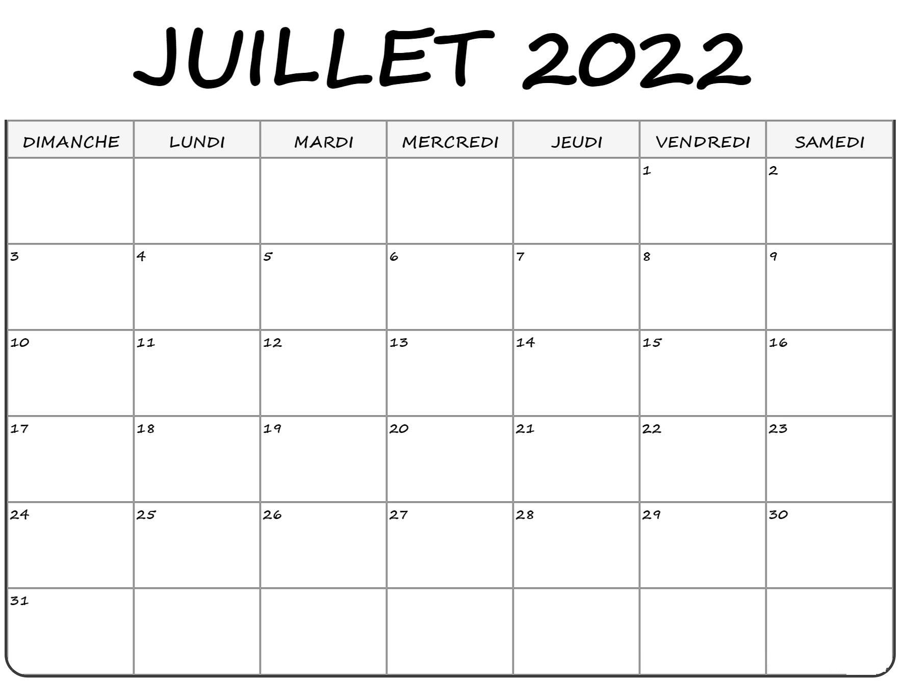 Calendrier Juillet 2022