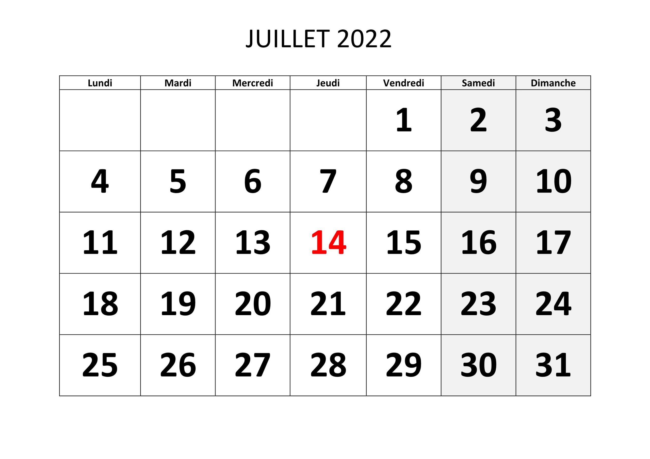 Calendrier Juillet PDF 2022