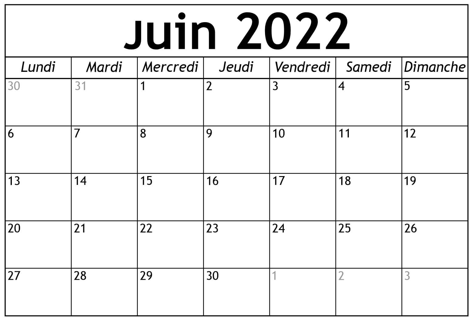 Calendrier Juin 2022 À Imprimer Pdf, Excel, Word