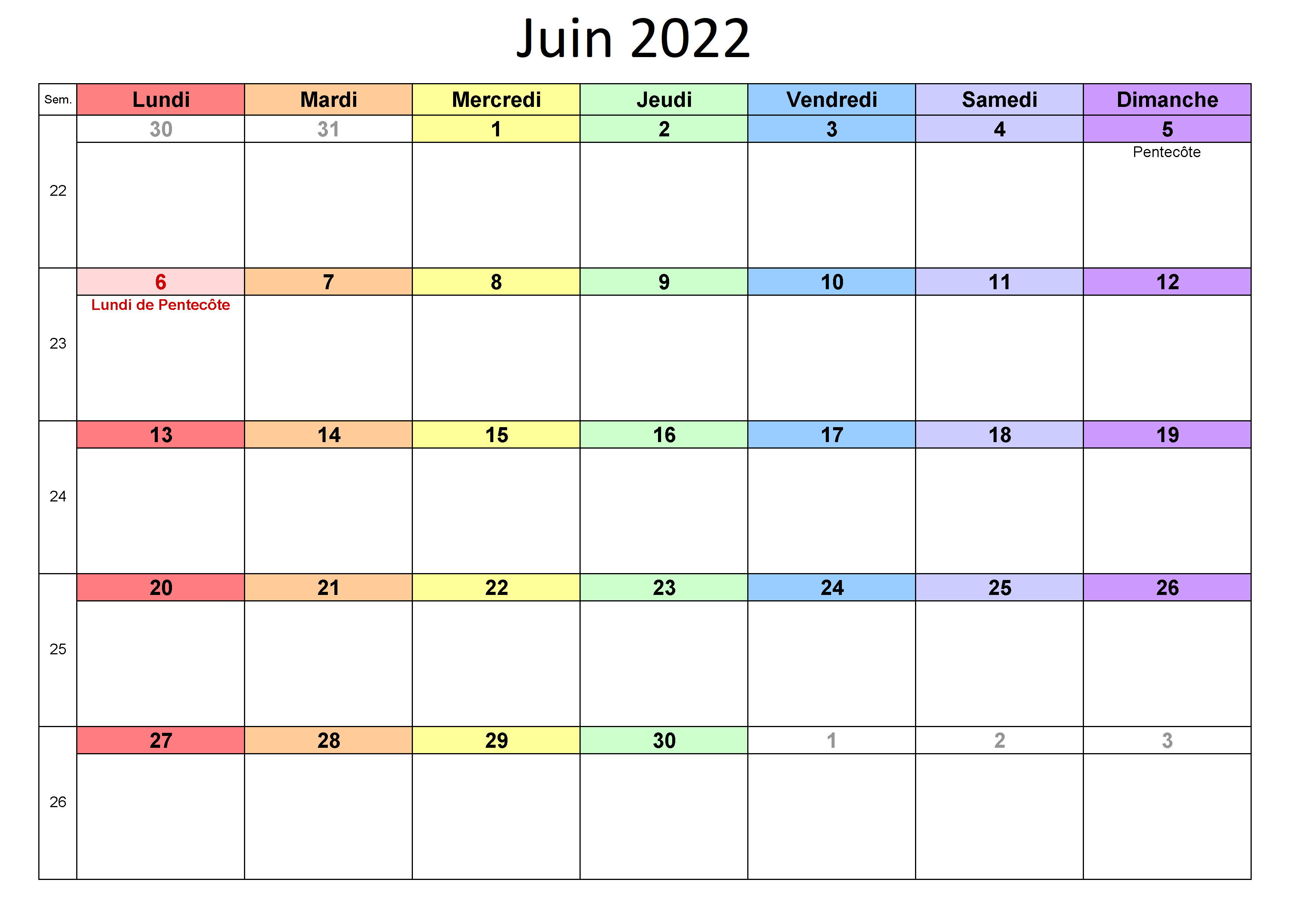 Calendrier Juin 2022 À Imprimer Pdf Excel