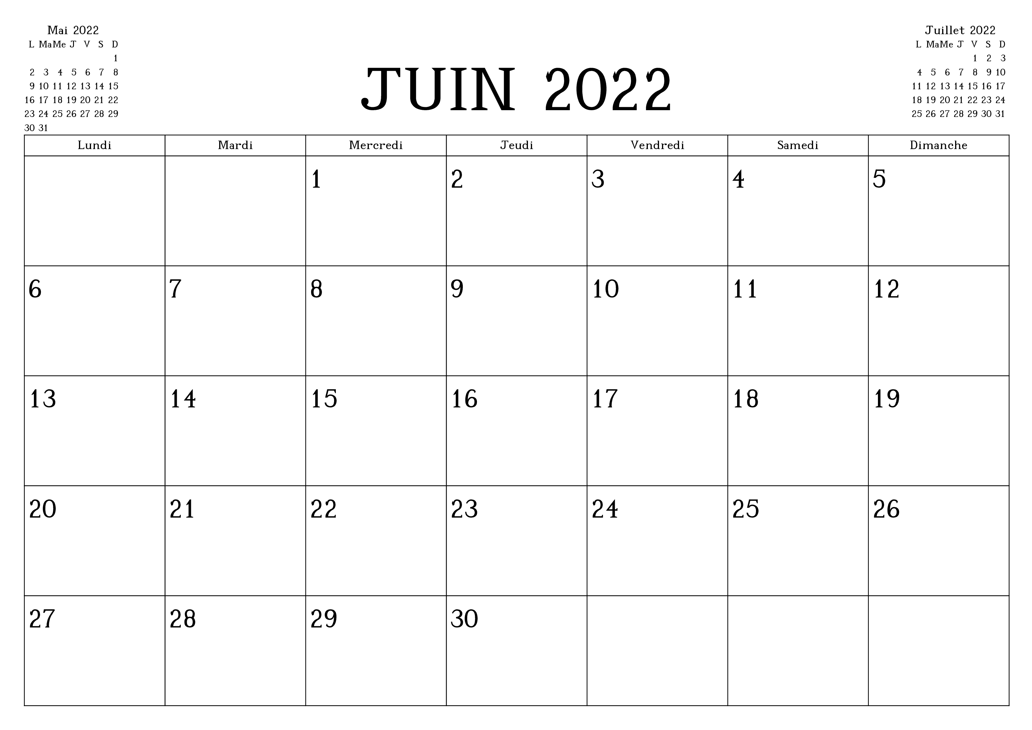 Calendrier Juin 2022