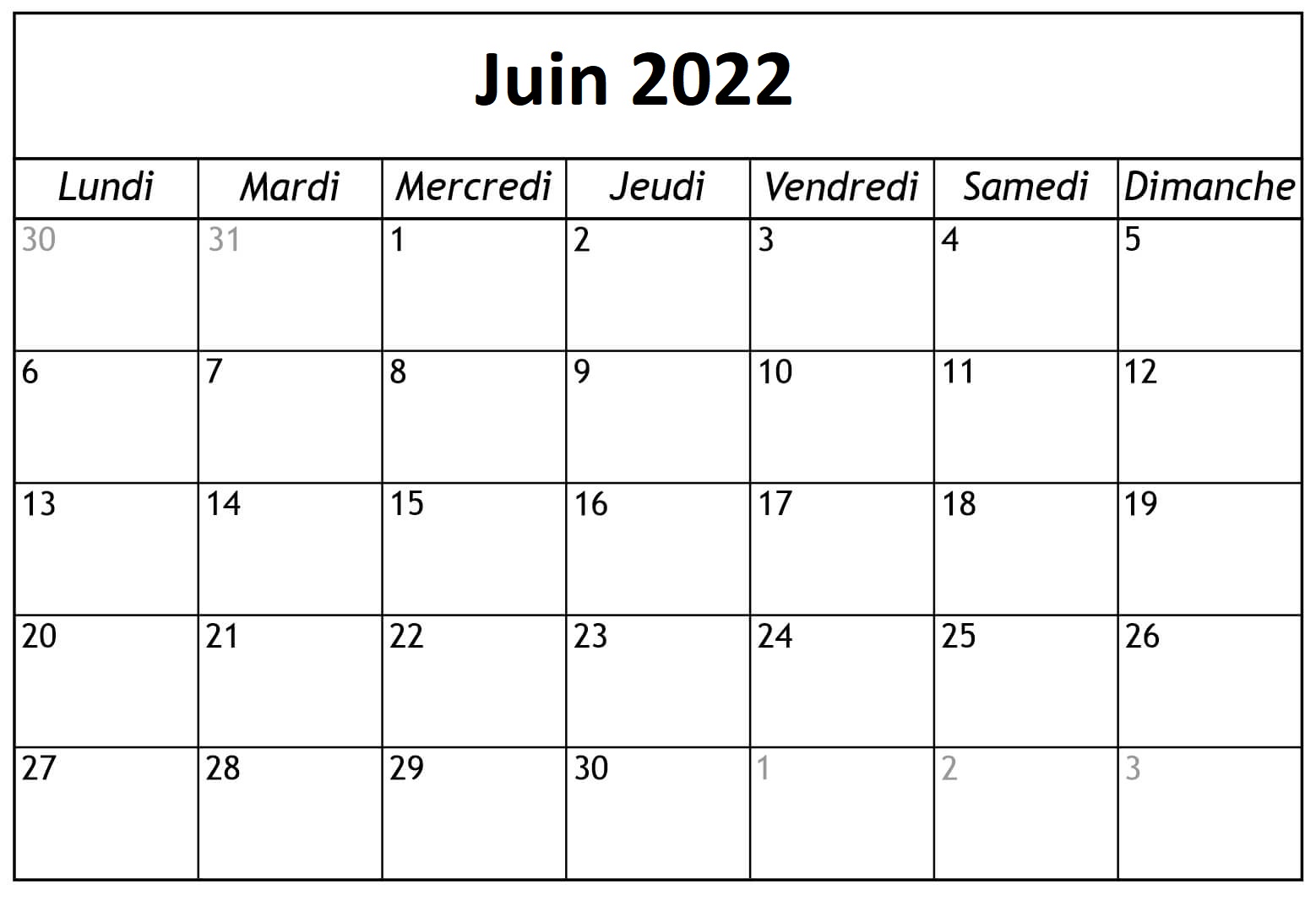 Juin Calendrier 2022 Vacances